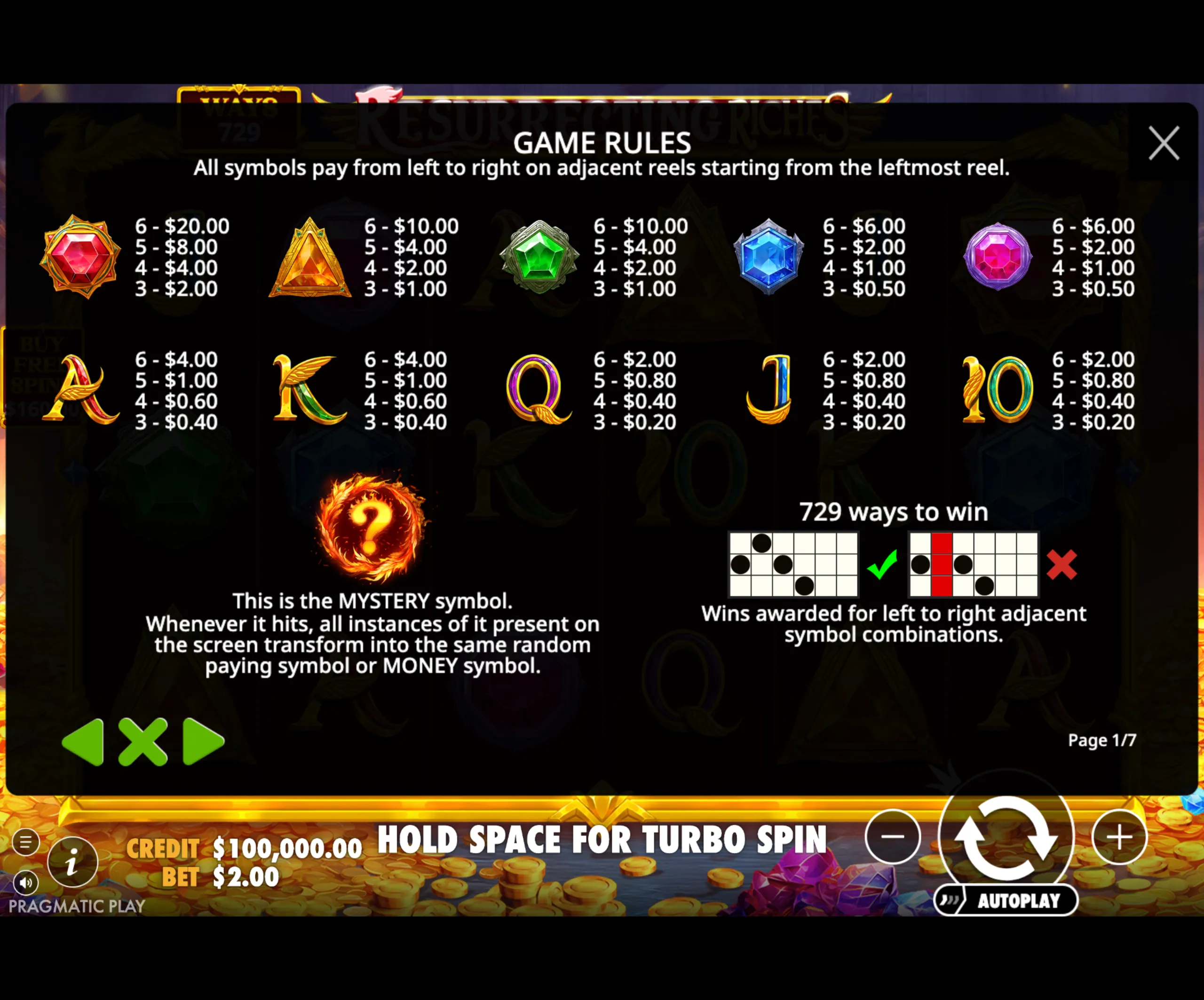 Game rules and symbol payout table for the slot game Resurrecting Riches, featuring colorful gem symbols and letter icons with associated values.
