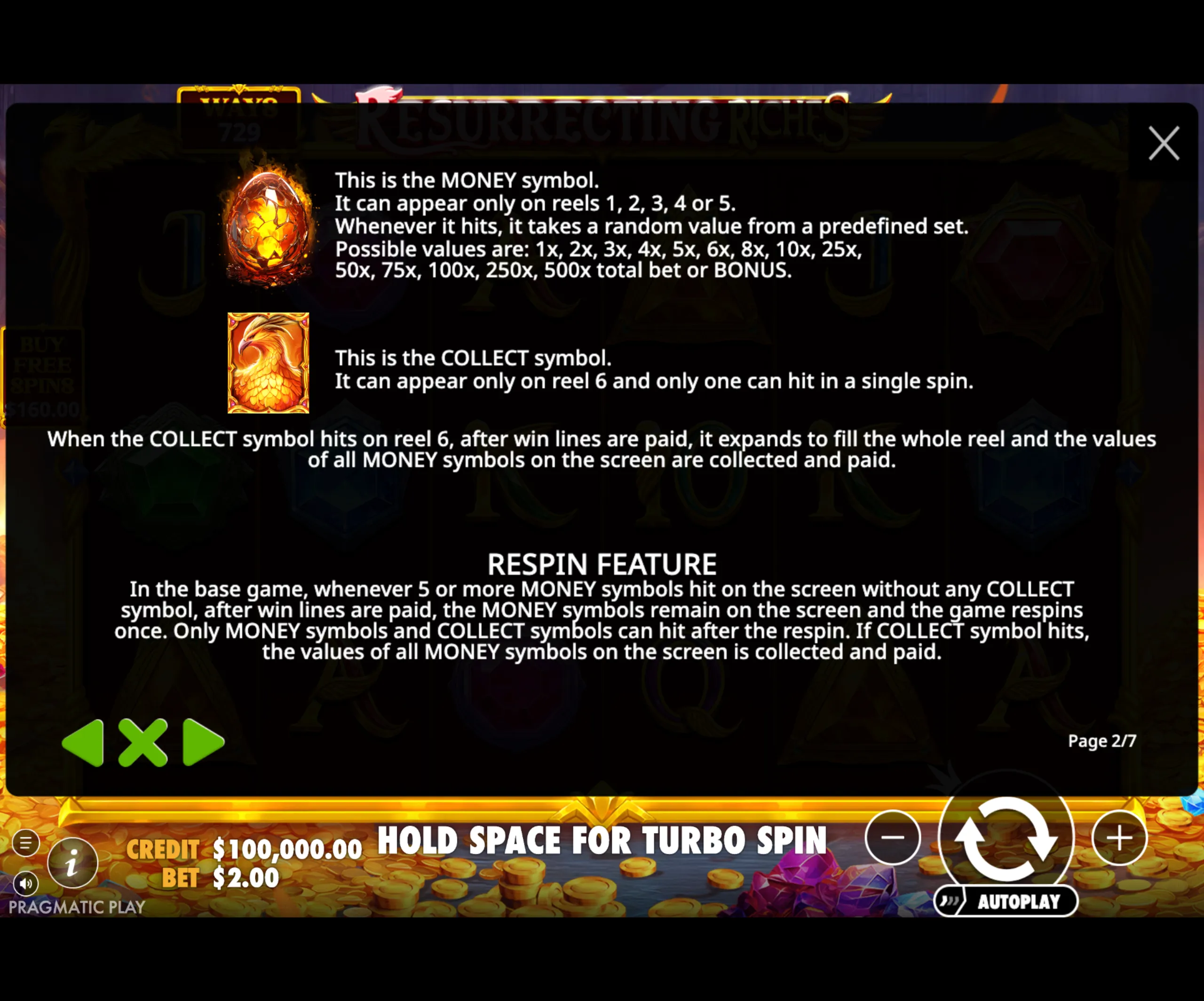 Detailed explanation of the MONEY and COLLECT symbols in Resurrecting Riches slot, highlighting their roles in triggering payouts and bonus features.