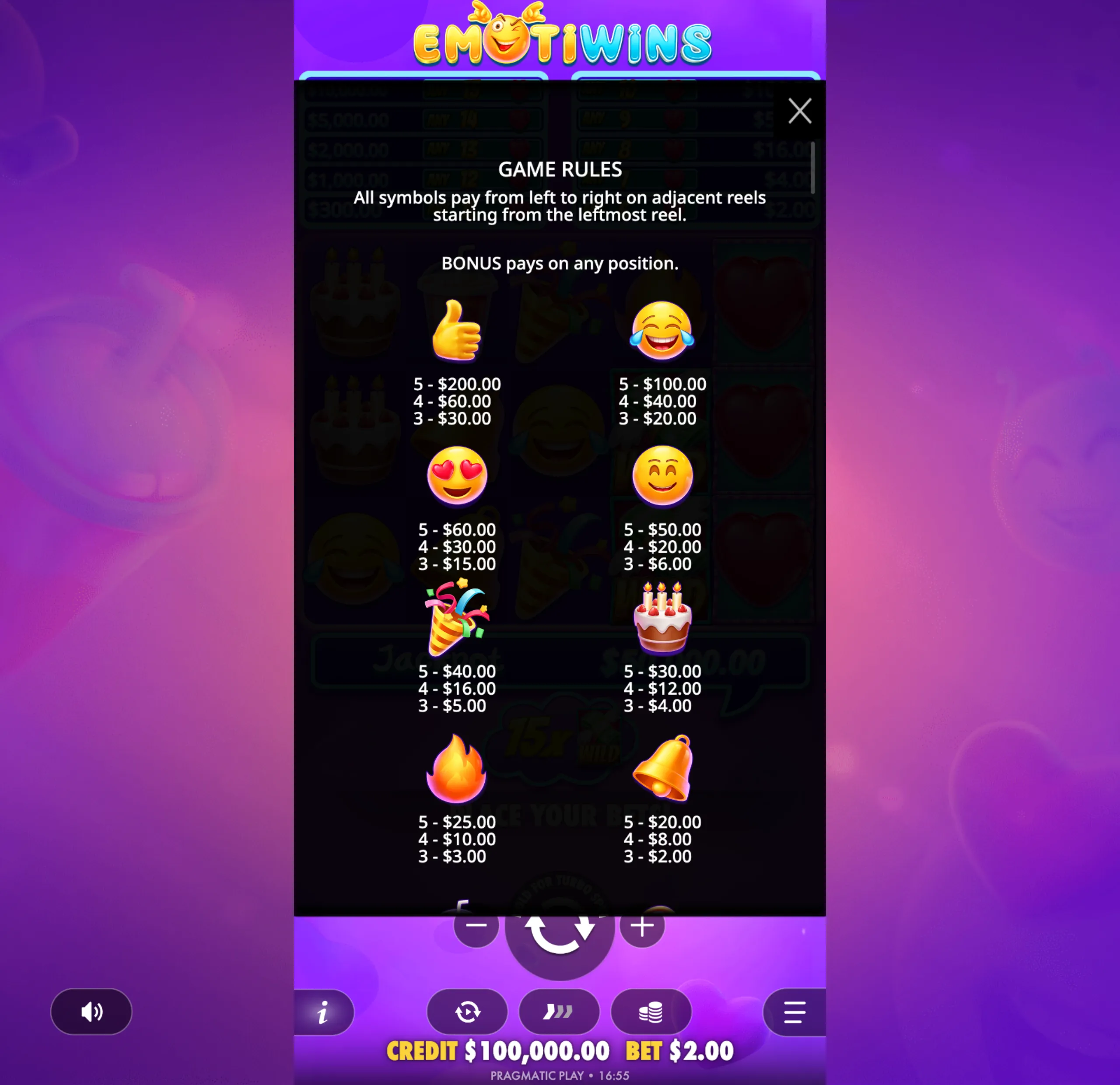 Emotiwins slot game paytable with colorful emoji symbols and corresponding payout values on a purple gradient background