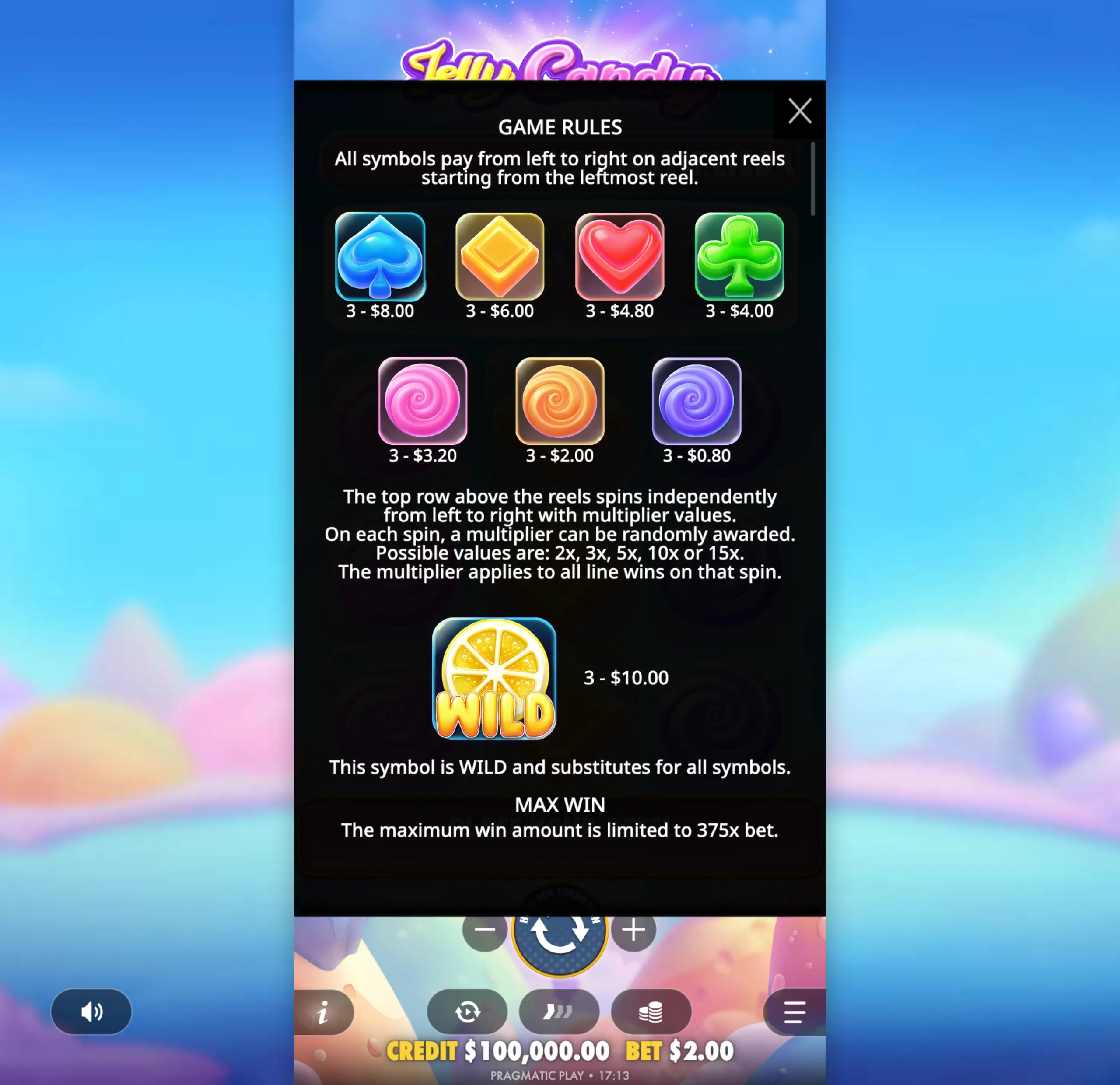 Colorful jelly candy symbols with payout values and game rules on a bright blue sky background