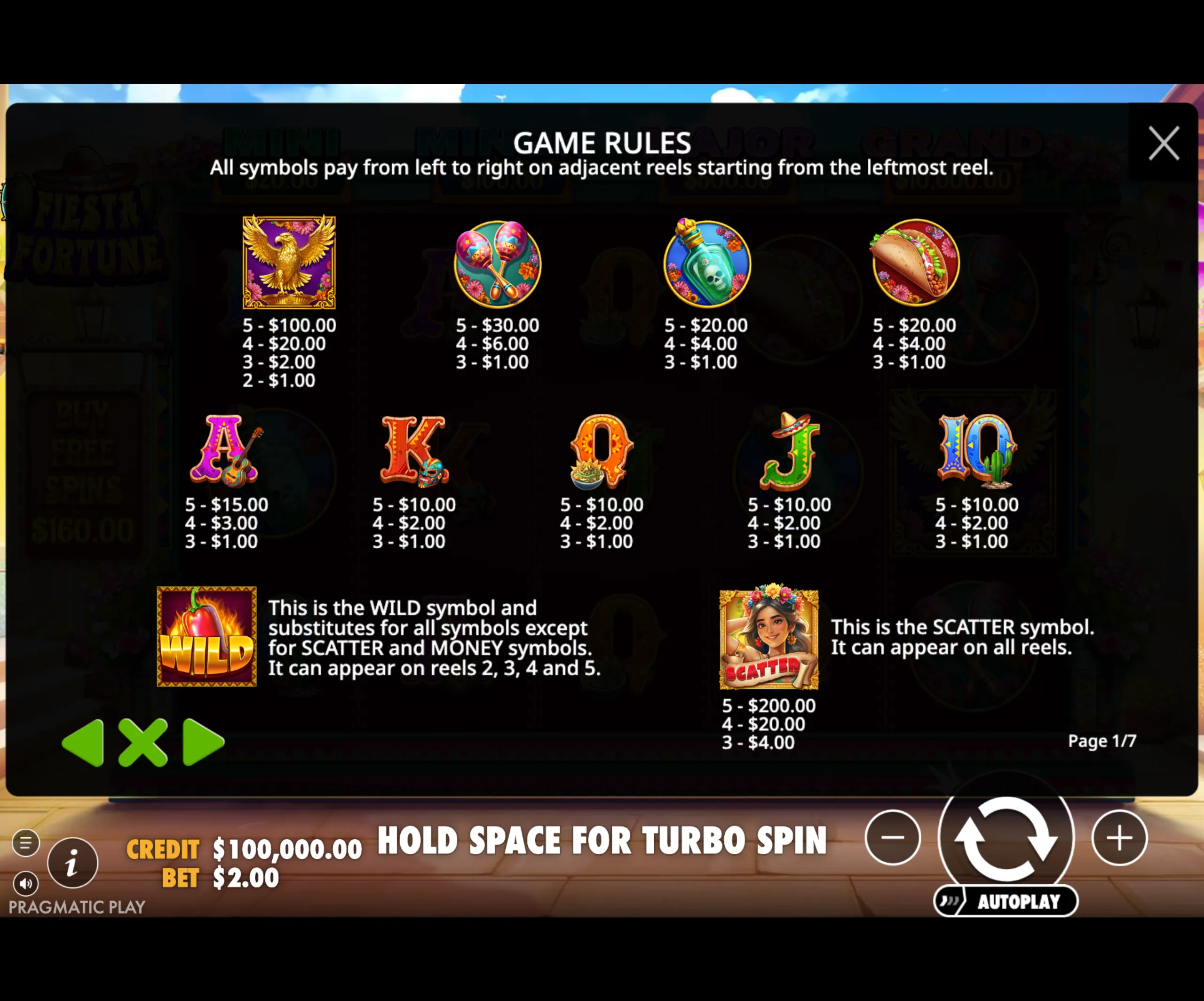 Fiesta Fortune slot game paytable showing vibrant symbols like a golden eagle, maracas, a potion bottle, and a taco with their payout values.