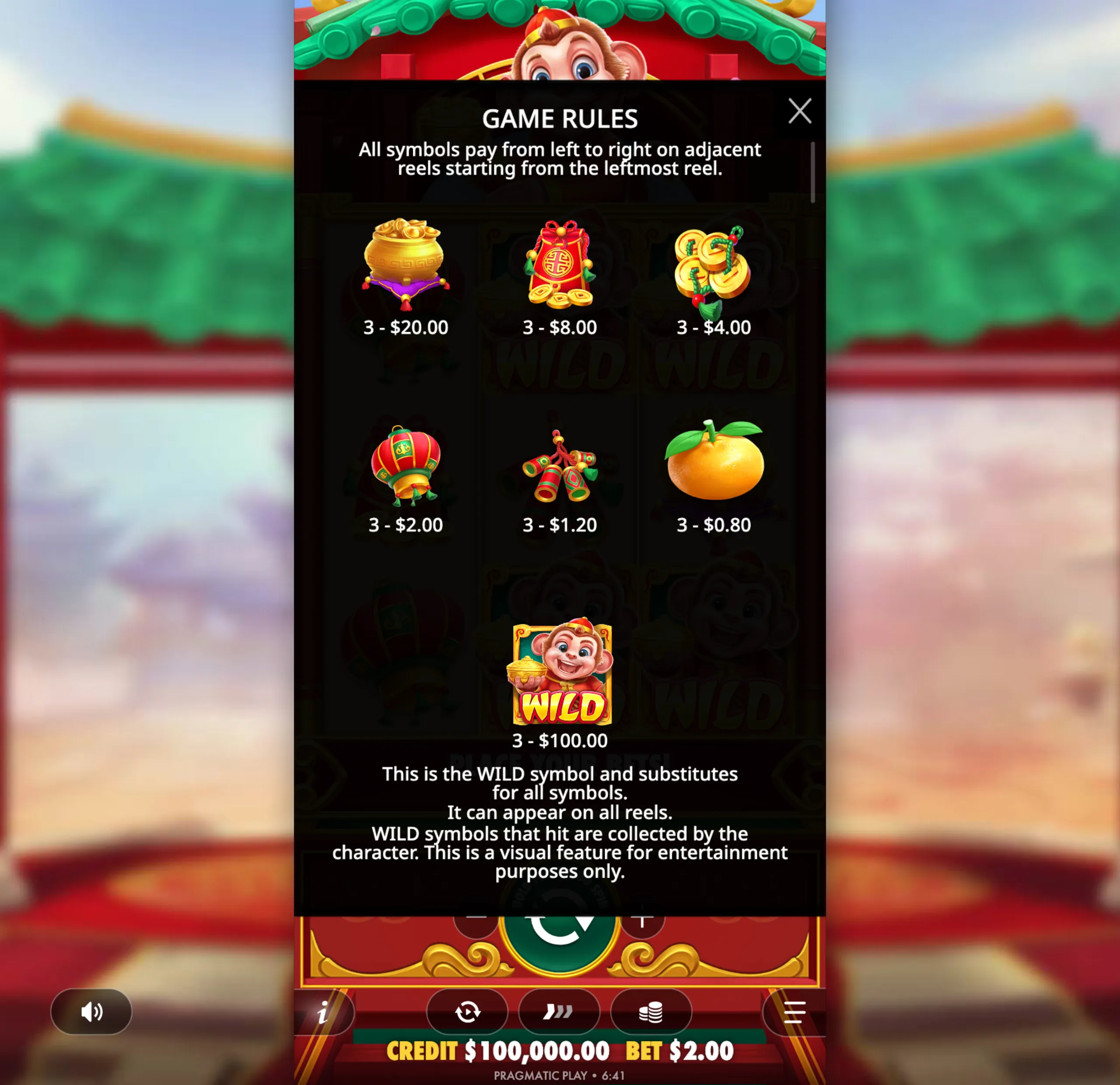 Lucky Monkey slot game paytable showing colorful Asian-themed symbols including gold pots, red envelopes, coins, lanterns, firecrackers, oranges, and a playful monkey wild symbol with payout values.