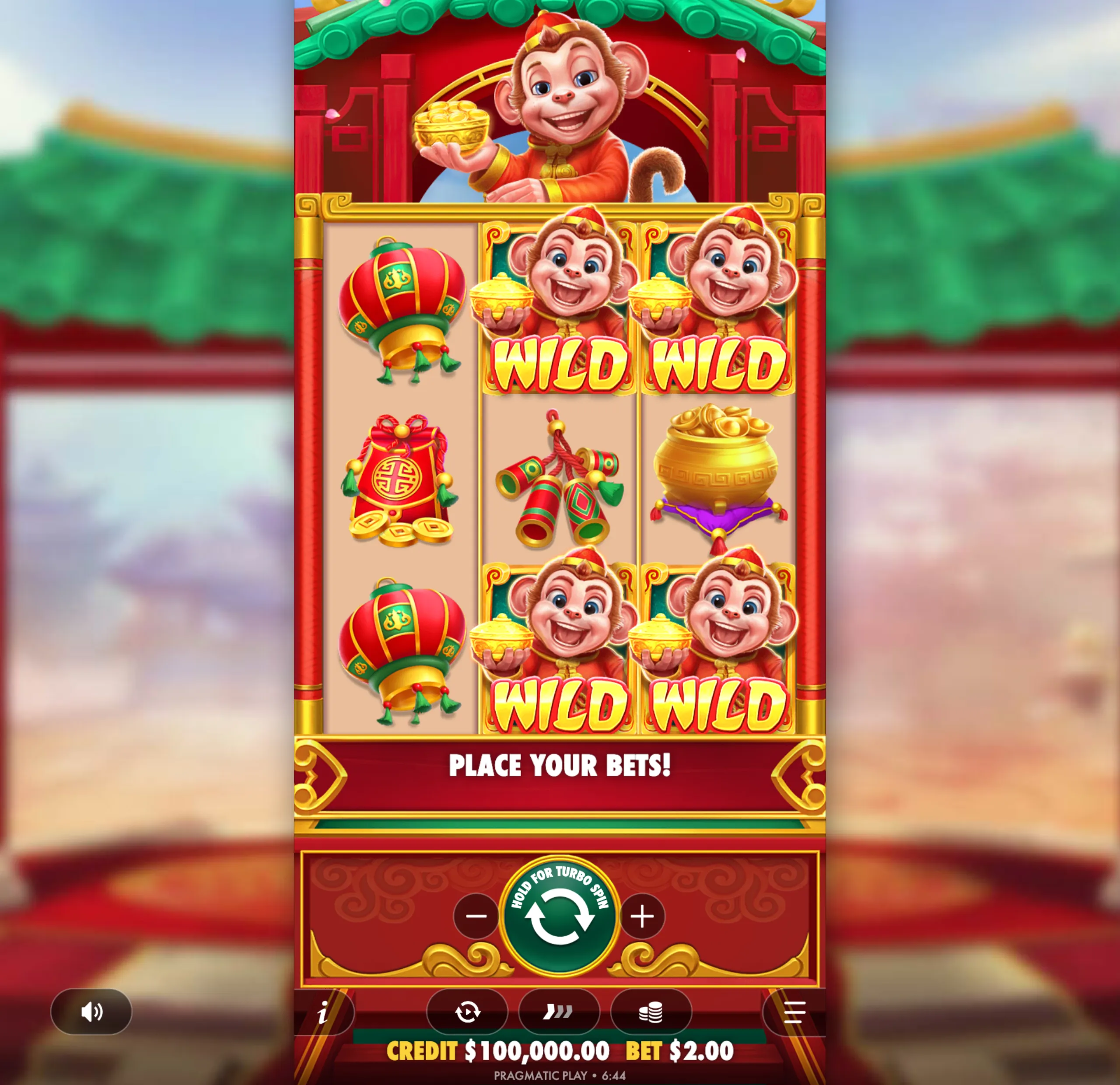 A colorful slot game interface featuring cheerful monkey characters dressed in traditional Chinese attire, holding gold ingots, alongside symbols like red lanterns, firecrackers, and gold coins.