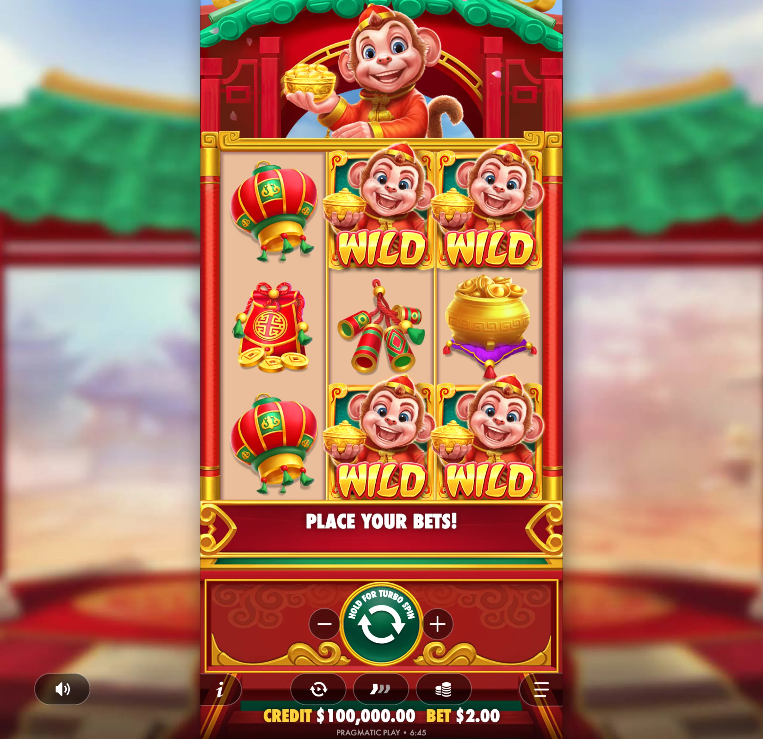 Lucky Monkey slot game featuring a cheerful monkey character holding a gold ingot, with vibrant red and gold Chinese-themed symbols including lanterns, firecrackers, and gold coins.