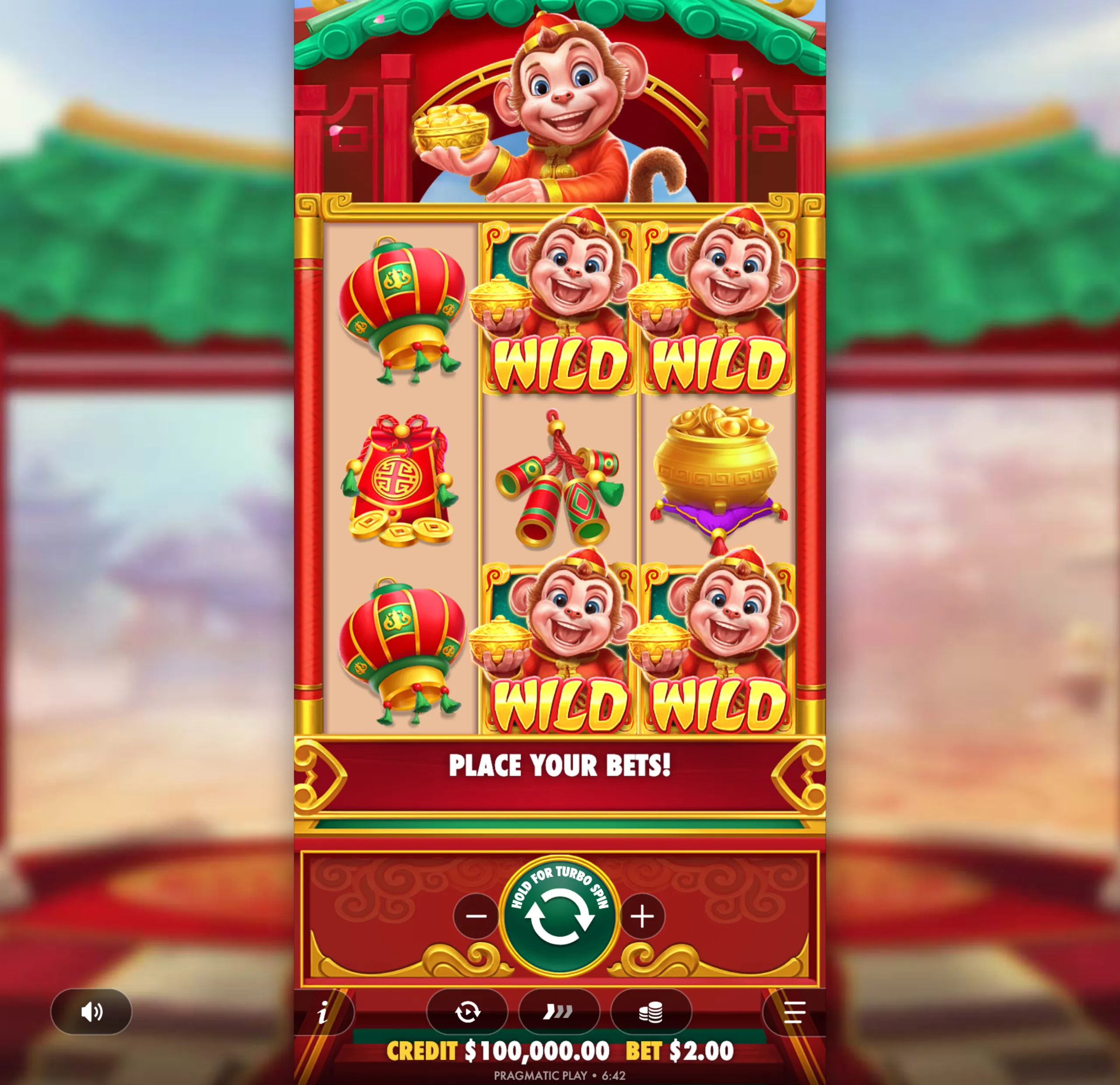 A vibrant slot game interface featuring a cheerful monkey character dressed in traditional red and gold attire, holding a golden ingot, surrounded by symbols of Chinese luck such as lanterns, firecrackers, and gold coins.