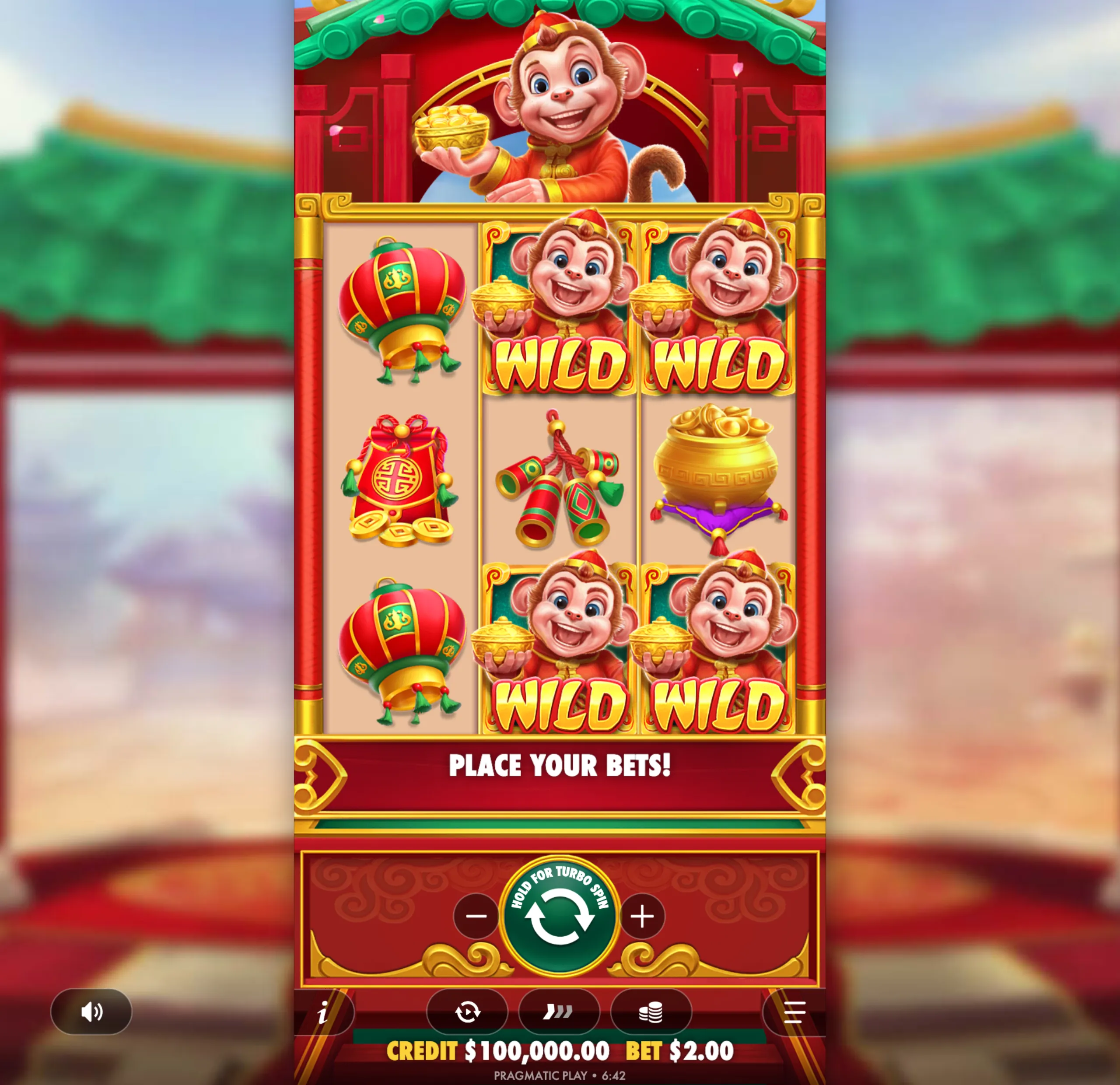 A colorful slot game interface featuring a cheerful cartoon monkey dressed in traditional Chinese attire holding a gold ingot, surrounded by symbols of luck and wealth like lanterns, firecrackers, and gold coins.