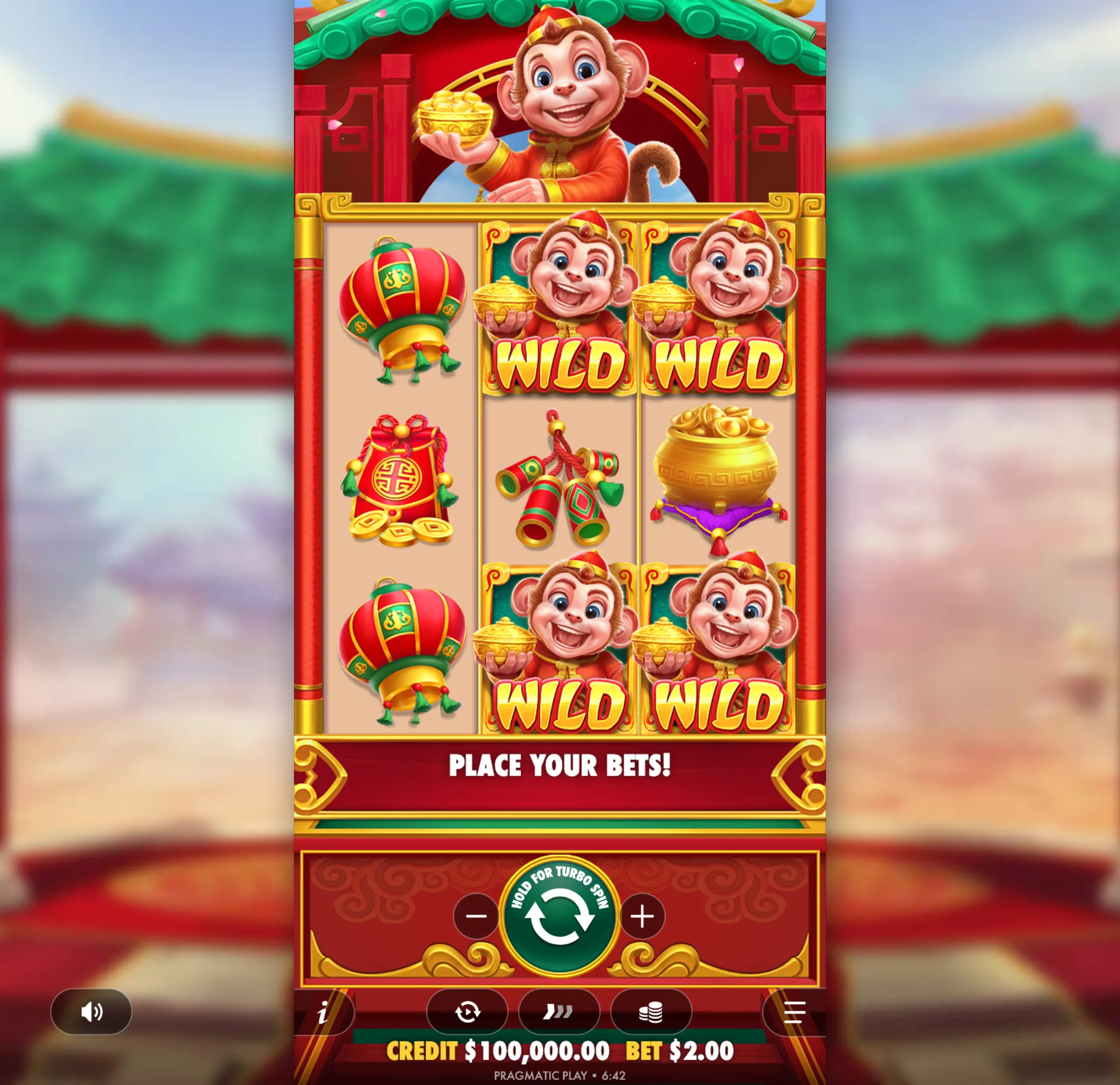 Bright and cheerful slot game interface featuring a smiling cartoon monkey in traditional attire holding gold ingots, surrounded by symbols of luck and fortune such as lanterns, firecrackers, and gold coins.