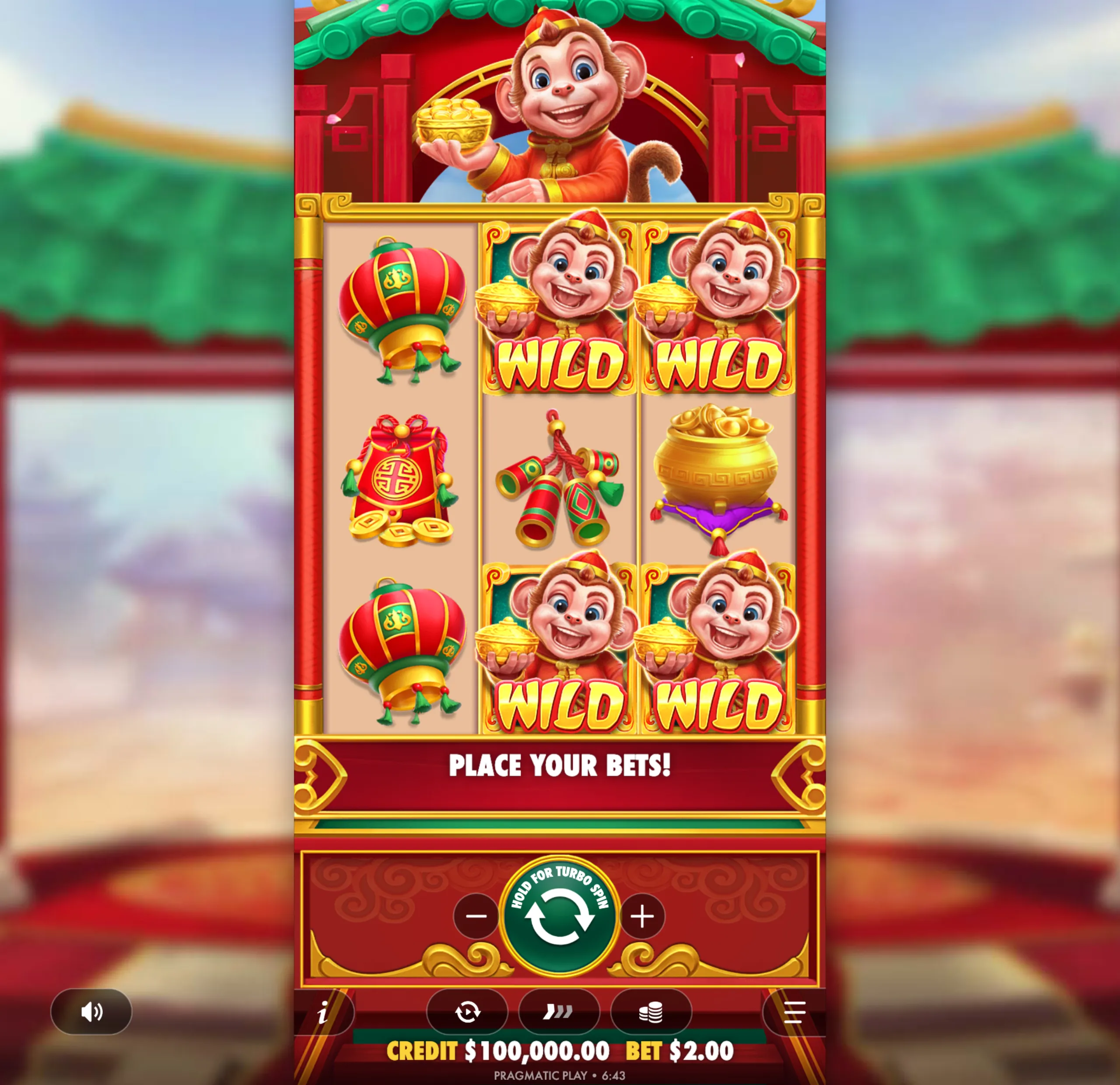 A colorful slot game interface featuring a smiling cartoon monkey dressed in traditional Chinese attire holding a gold ingot, with symbols including red lanterns, firecrackers, gold coins, and wild monkey icons.