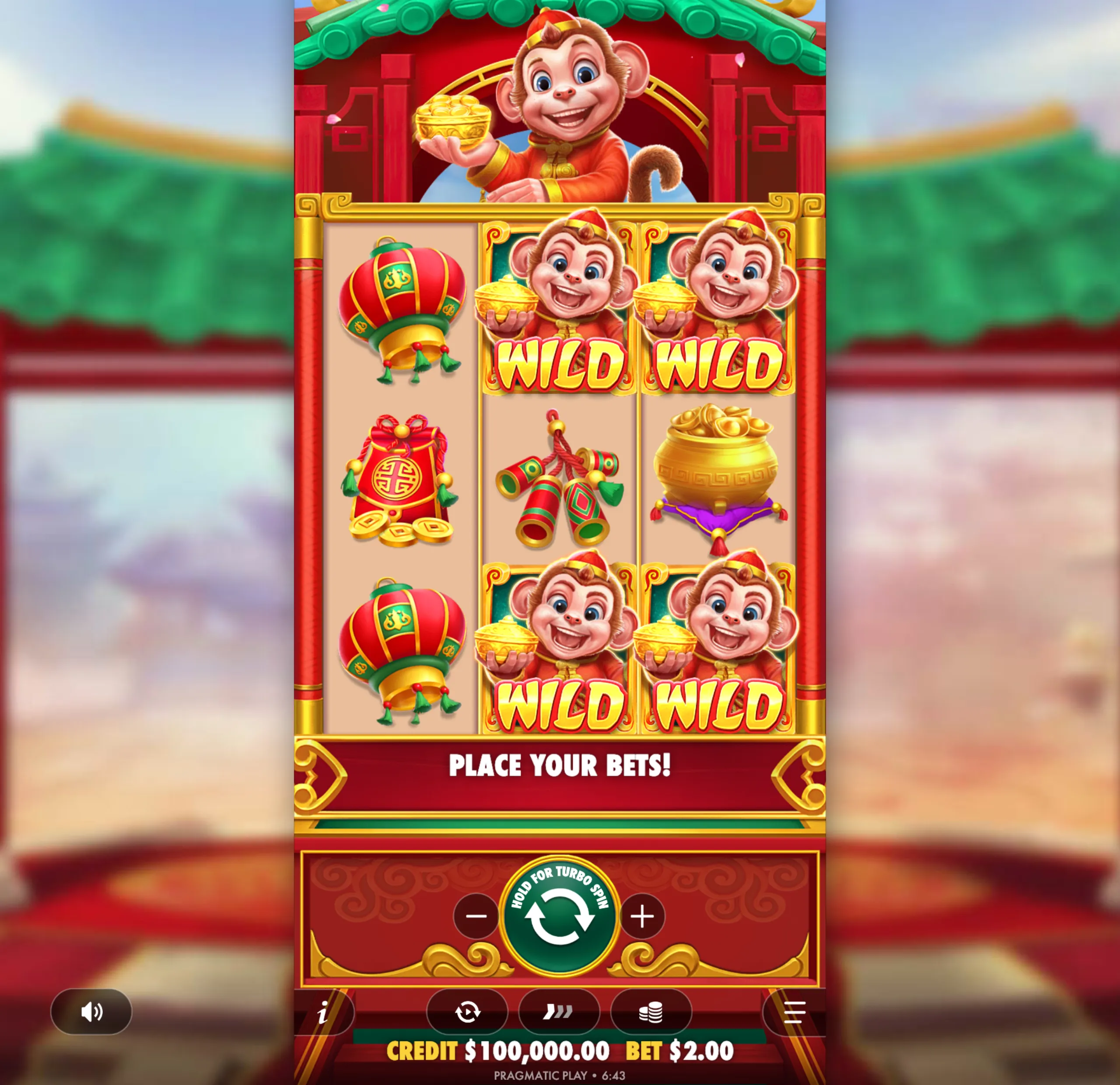 Colorful slot game interface featuring a cheerful monkey character dressed in traditional red and gold attire holding a gold ingot, with symbols including lanterns, firecrackers, and gold coins.