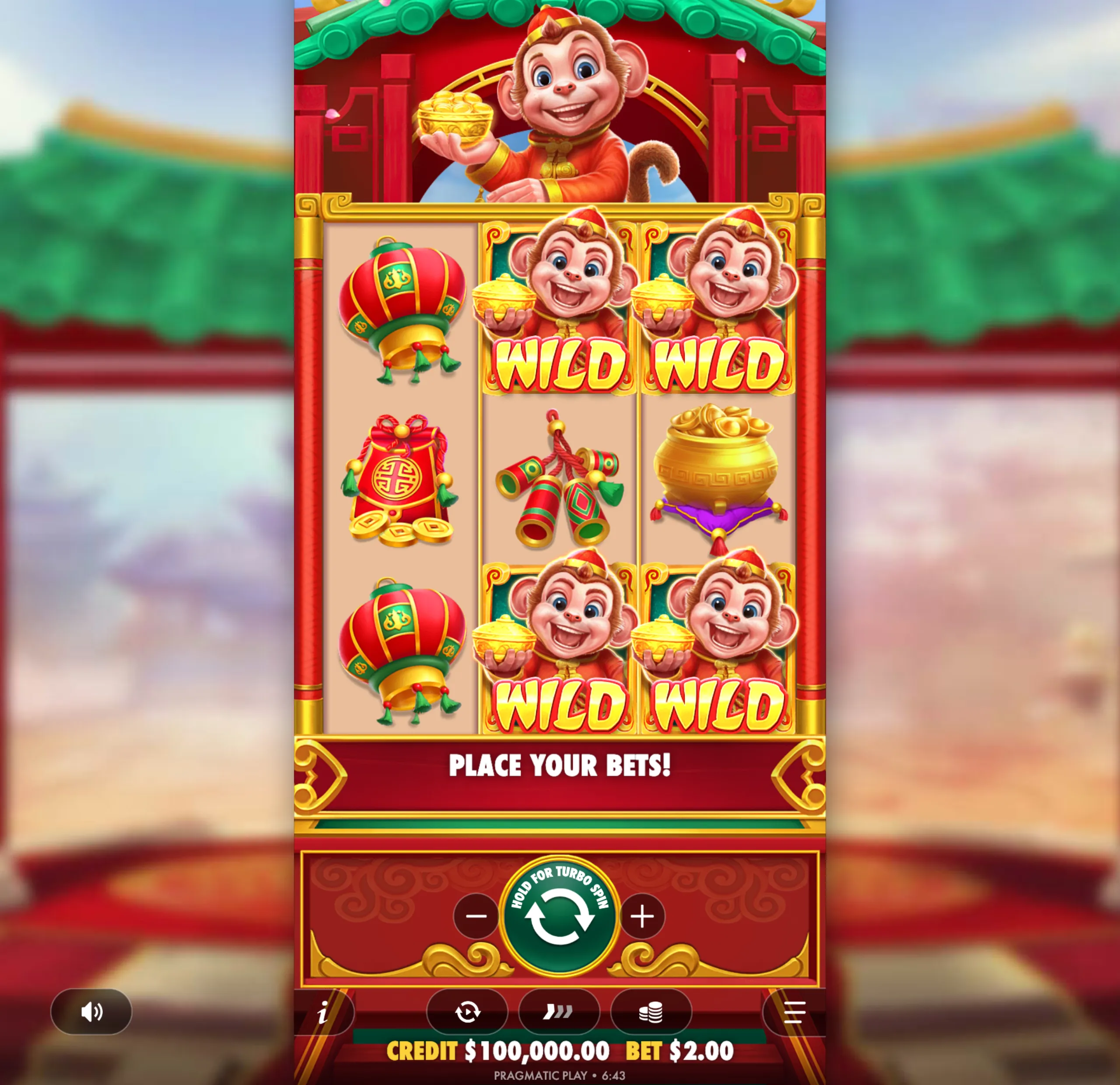 Lucky Monkey slot game featuring cheerful monkey symbols dressed in traditional attire, gold coins, lanterns, and festive decorations with a red and gold color scheme.