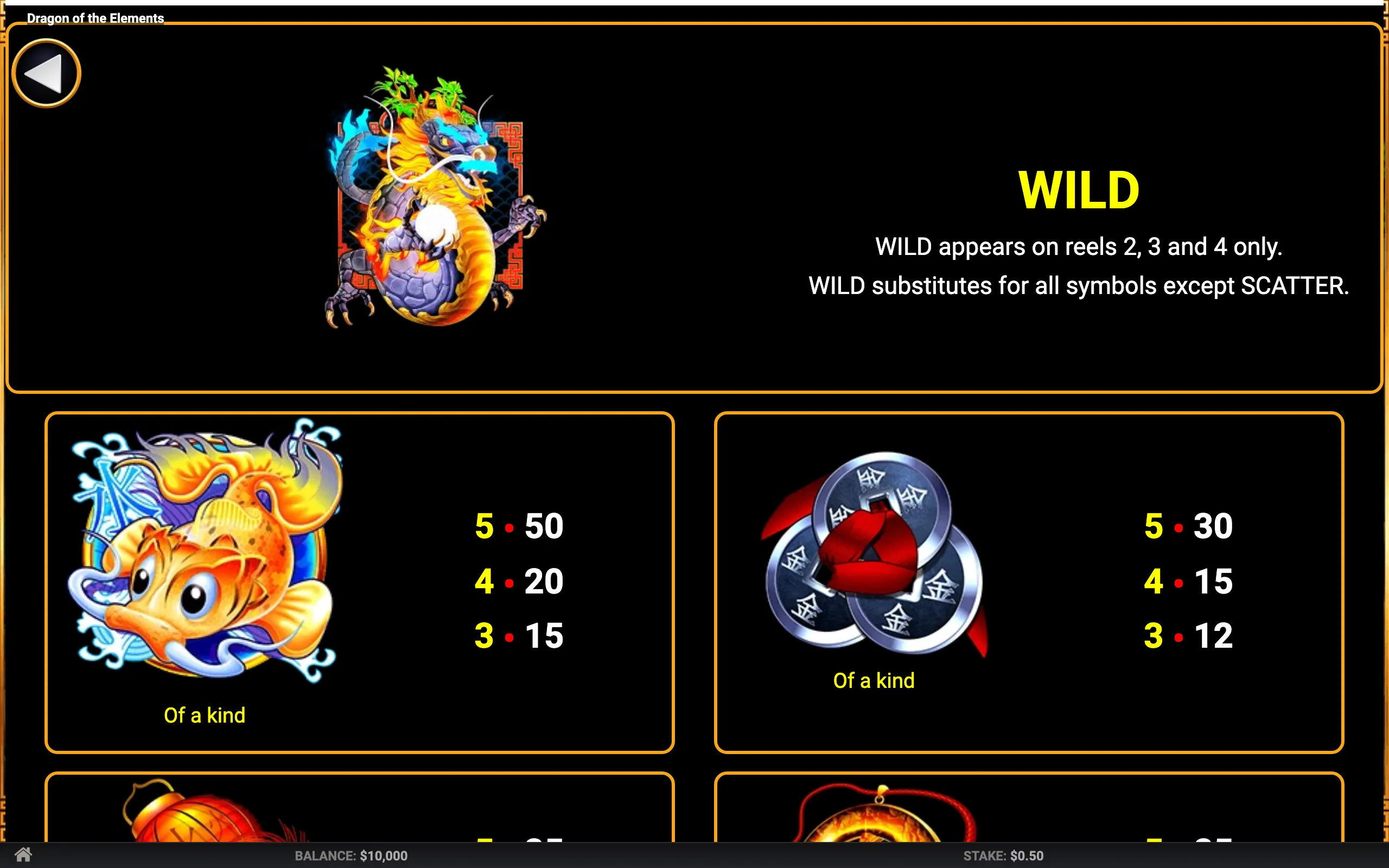 Dragon of the Elements paytable page 2 with symbol payouts