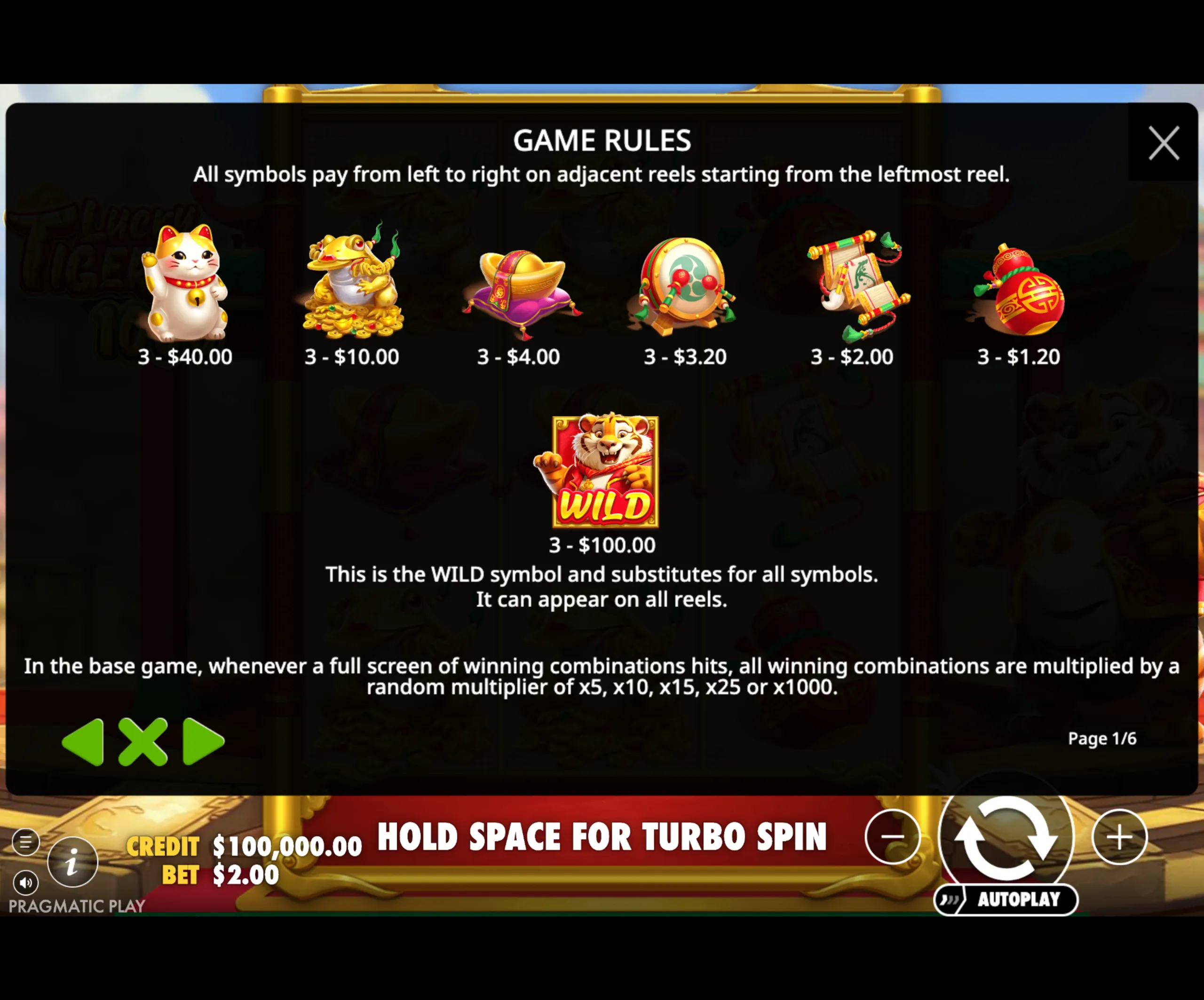 Lucky Tiger 1000 slot game paytable showing Asian-inspired symbols including a lucky cat, golden frog, gold ingot, drum, scroll, and gourd with their respective payouts and a wild tiger symbol.