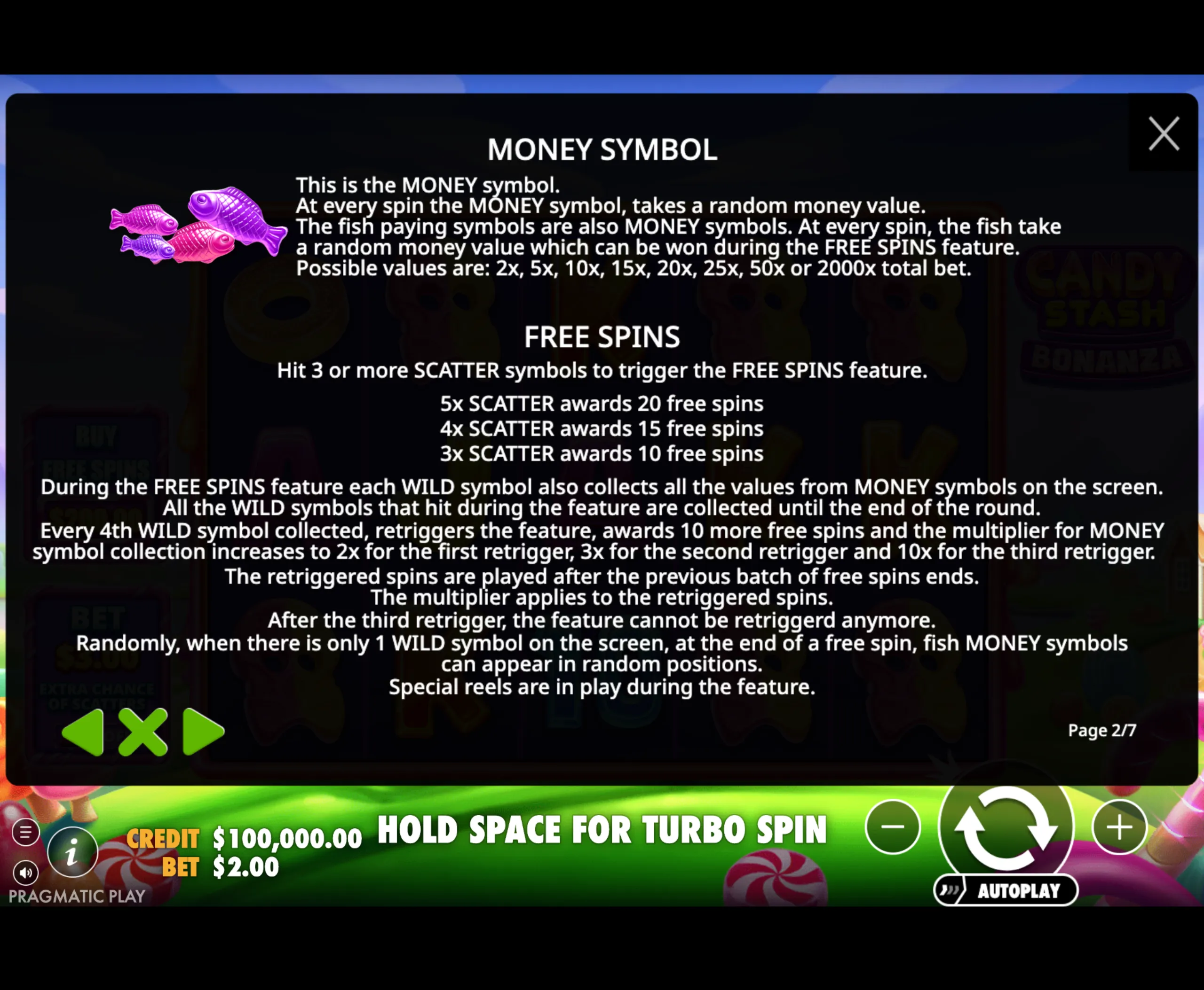 Candy Stash Bonanza slot game instructions explaining MONEY symbols with random values, fish symbols as MONEY symbols, and details on triggering and retriggering FREE SPINS with SCATTER and WILD symbols.