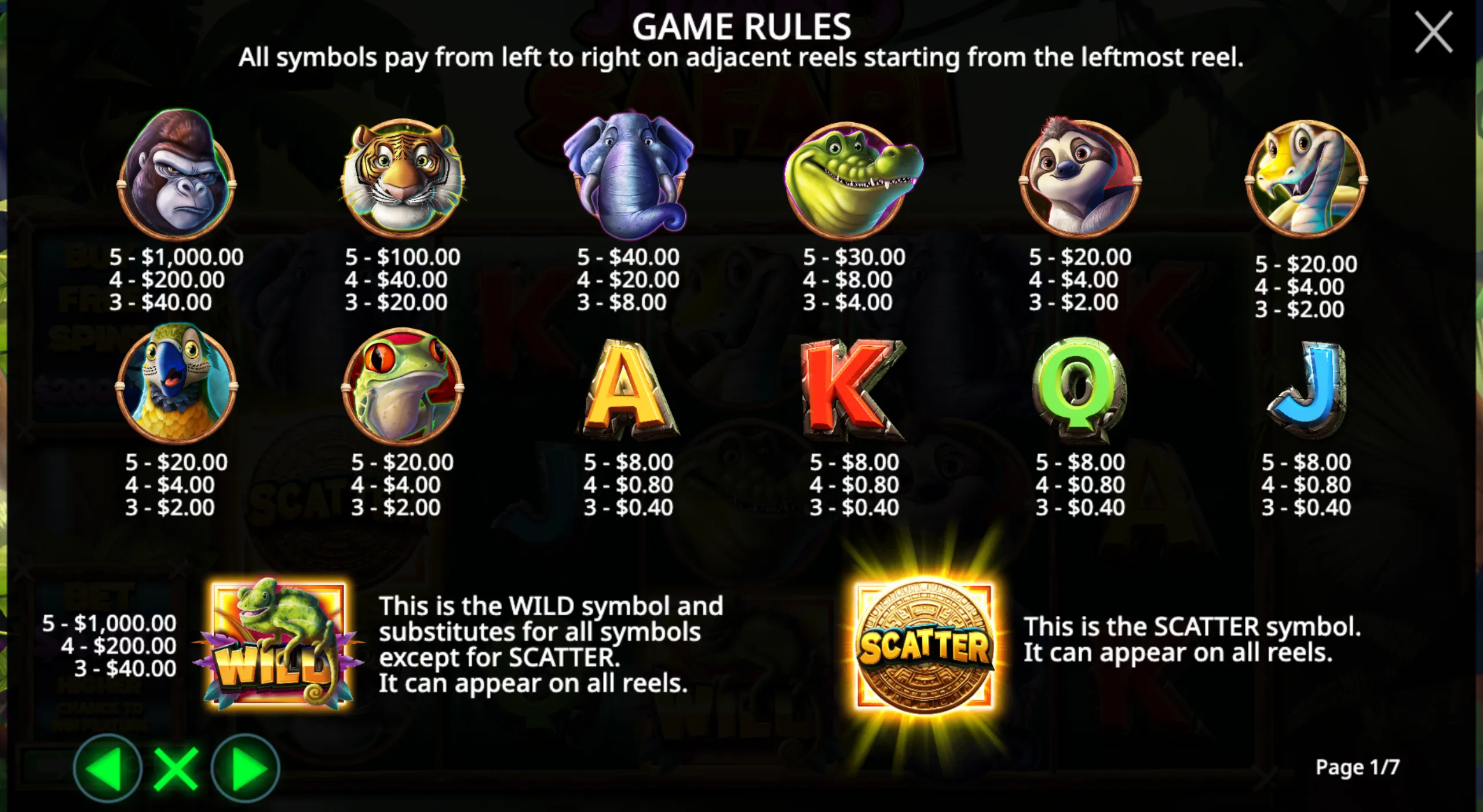 Jumbo Safari slot game paytable showing animal symbols like gorilla, tiger, elephant, crocodile, sloth, snake, parrot, and frog with their respective payouts, along with card symbols and wild and scatter icons.