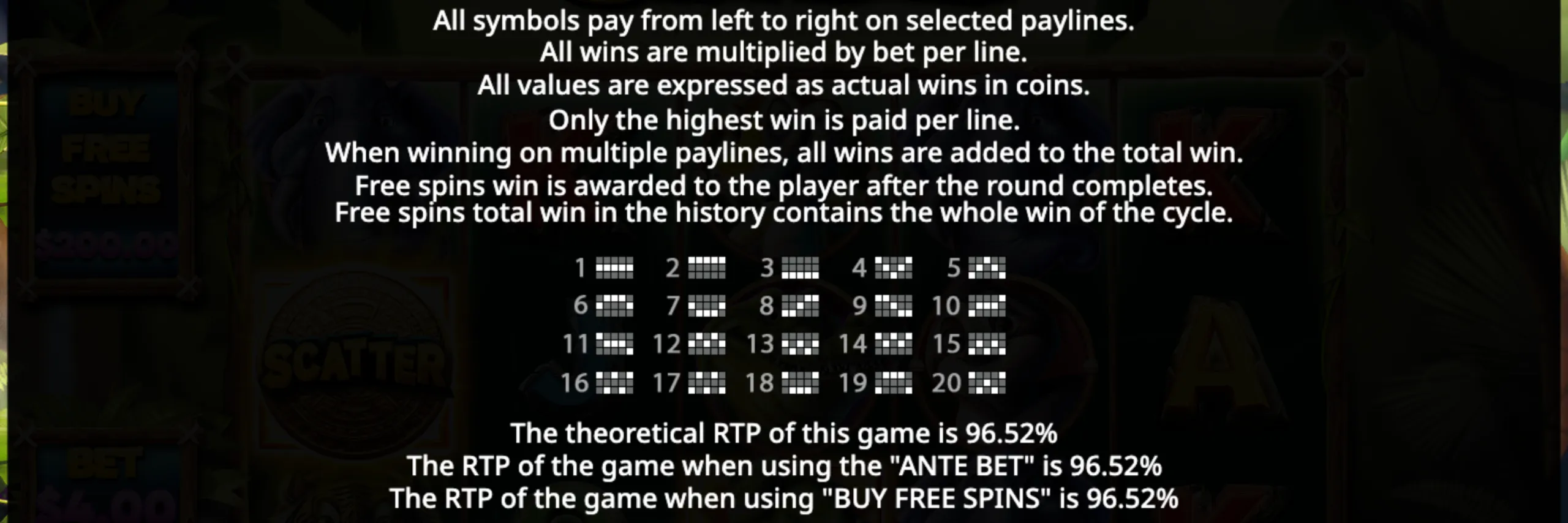 Text instructions detailing paylines, win rules, free spins, and RTP percentages for the Jumbo Safari slot game.
