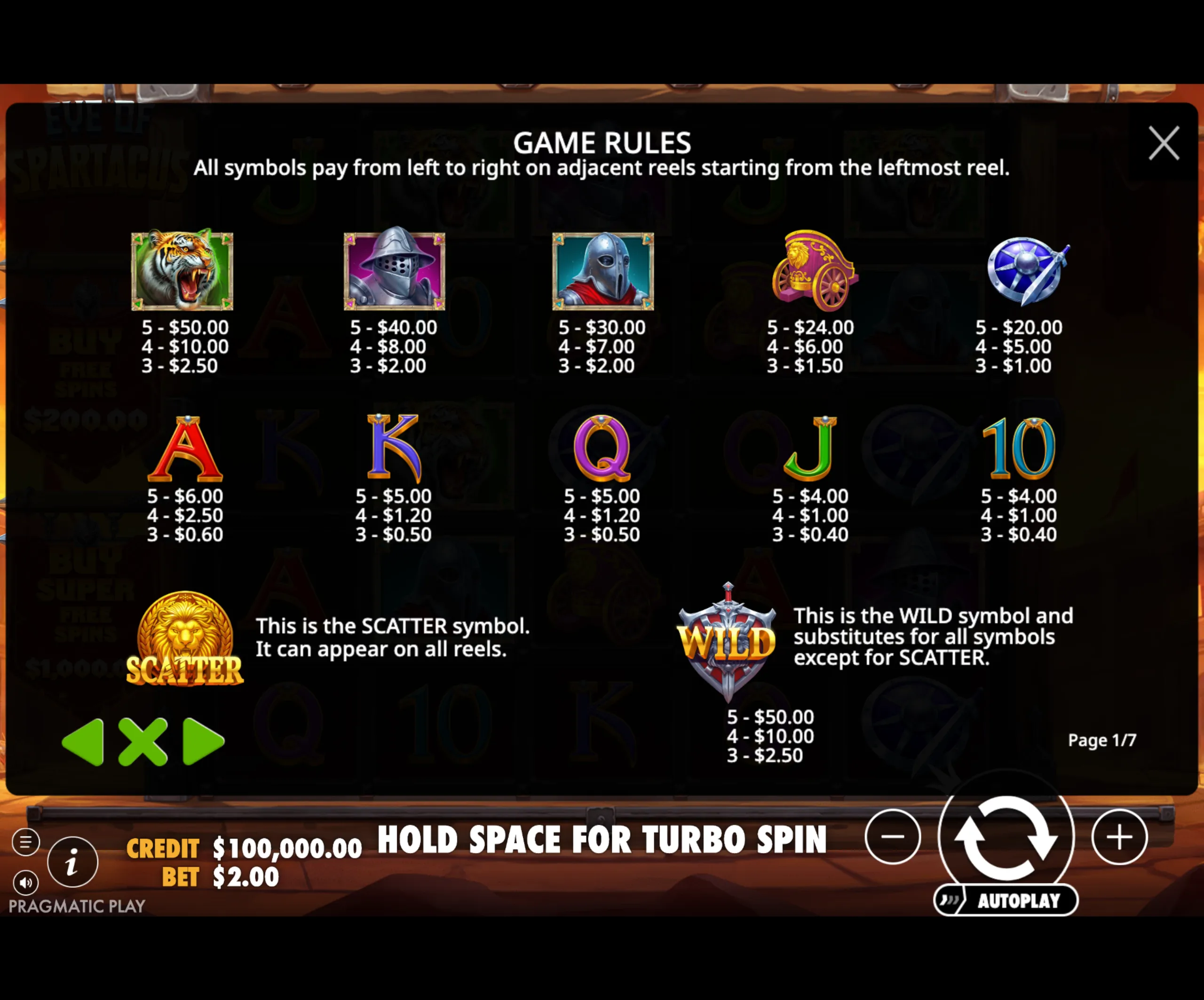 Eye of Spartacus slot game paytable displaying various gladiator and weapon symbols with their corresponding payouts and explanations of scatter and wild symbols.