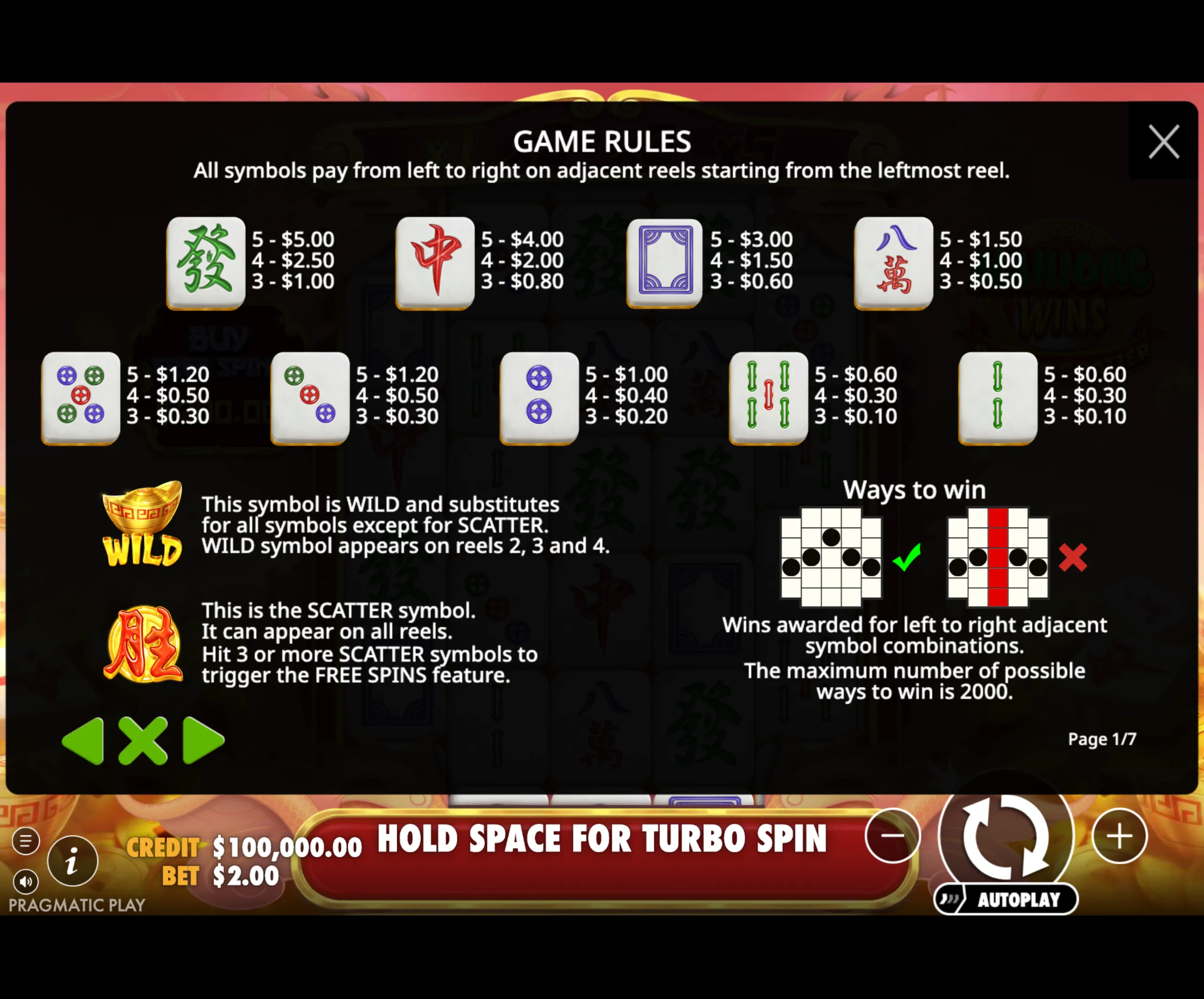 Mahjong-themed slot game paytable and rules screen showing symbol payouts, wild and scatter symbols, and ways to win.