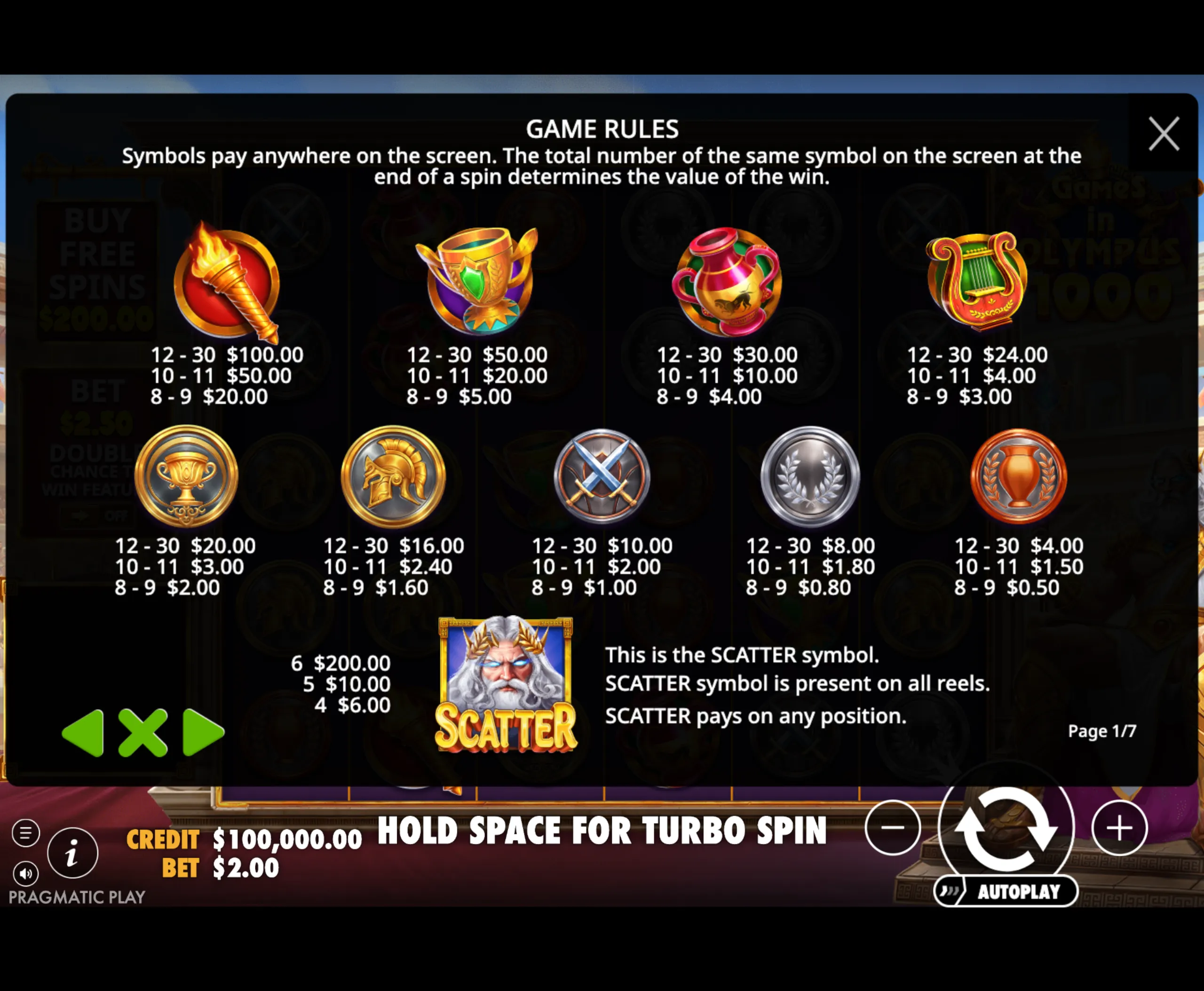 Game rules and payout values for symbols in Games in Olympus 1000 slot, featuring mythological trophies, vases, and a scatter symbol of Zeus.
