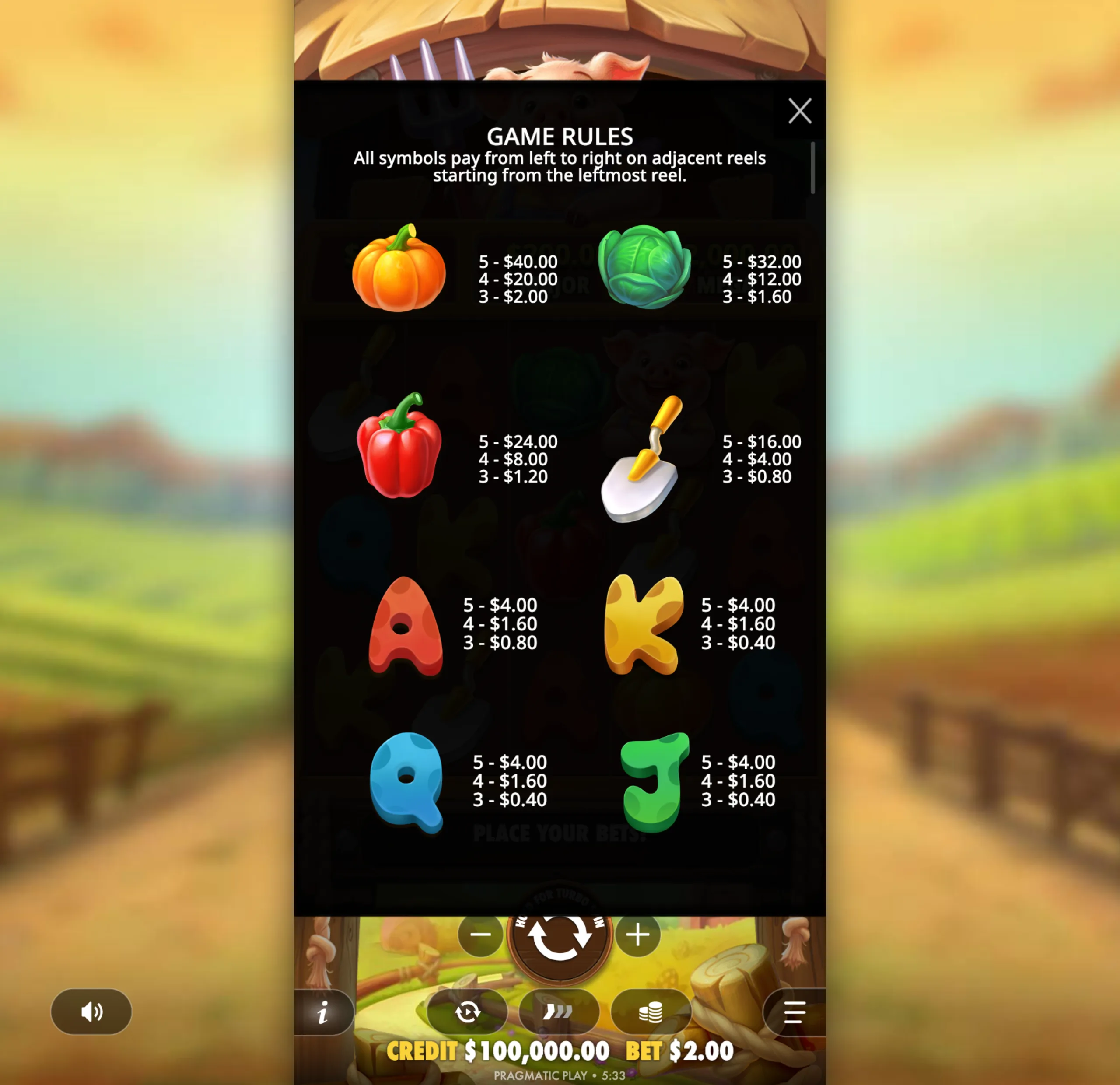 Pig Farm slot game paytable showing vegetable symbols like pumpkin, cabbage, and red pepper with their respective payouts for 3, 4, and 5 matches.