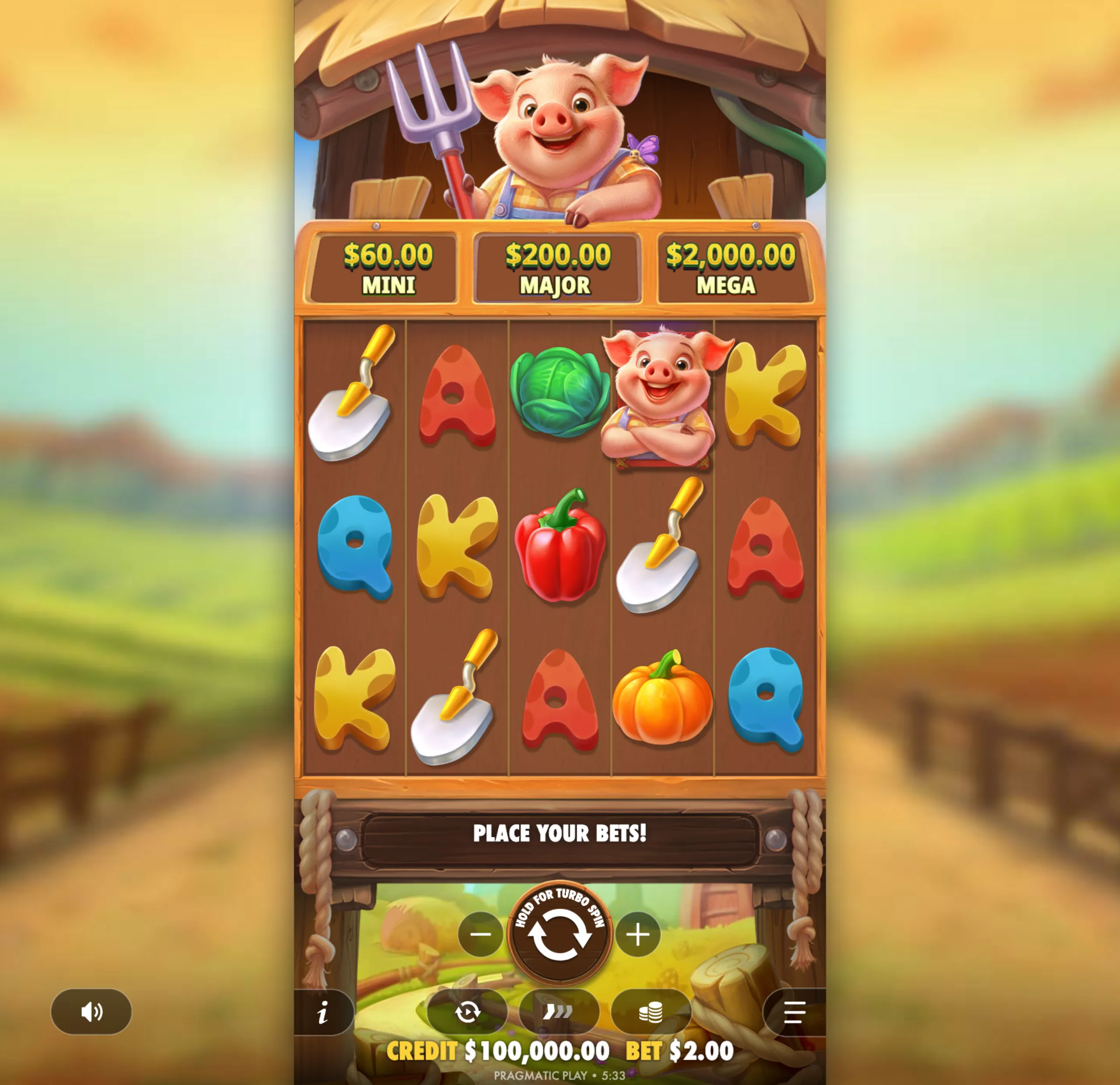 Colorful slot game interface featuring a cheerful pig character holding a pitchfork, farm-themed symbols like vegetables and gardening tools, and jackpot tiers labeled Mini, Major, and Mega.