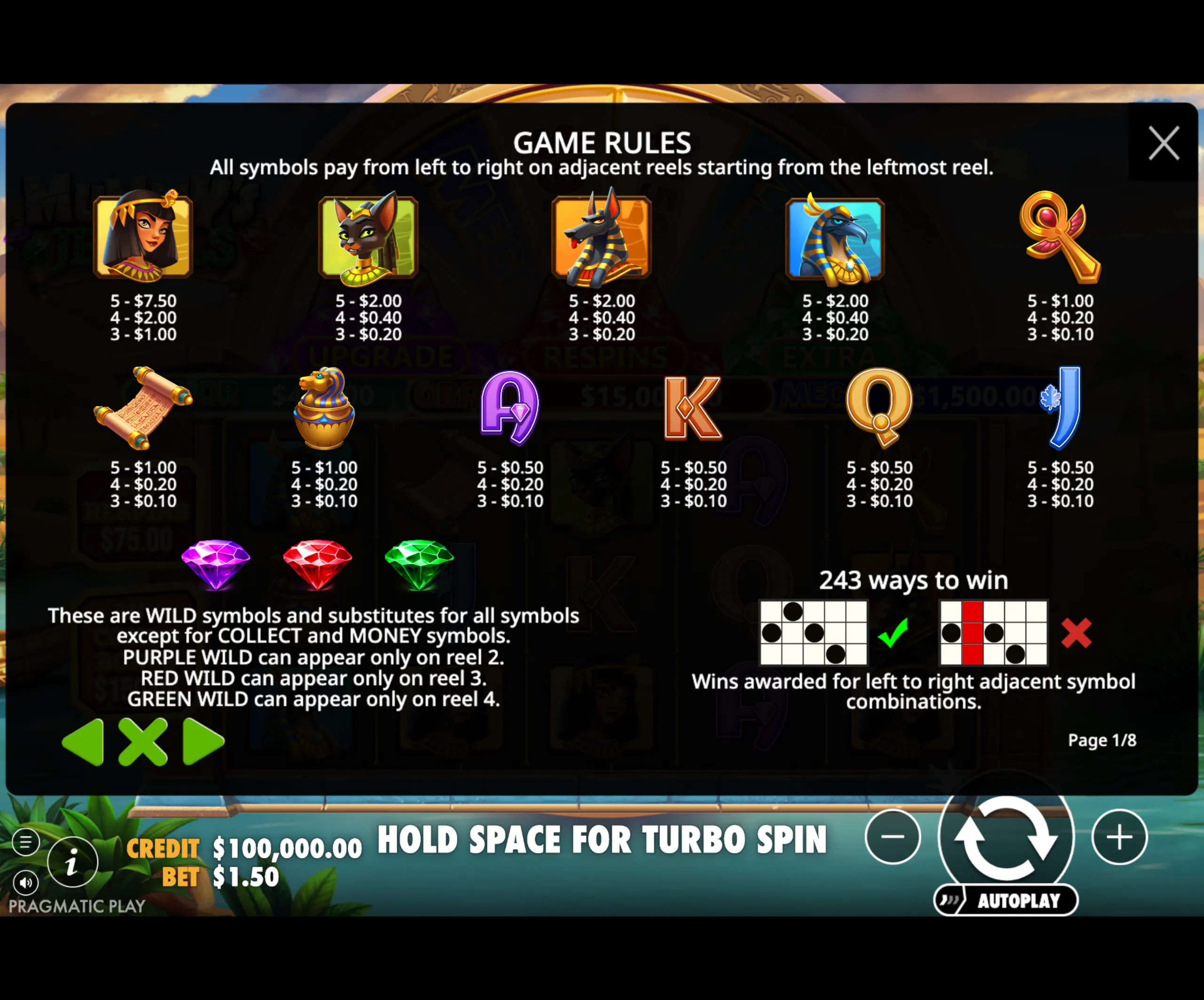 Game rules and paytable for Mummy's Jewels slot featuring Egyptian-themed symbols like a queen, Anubis, Horus, and ankh with detailed payouts and wild symbol explanations.