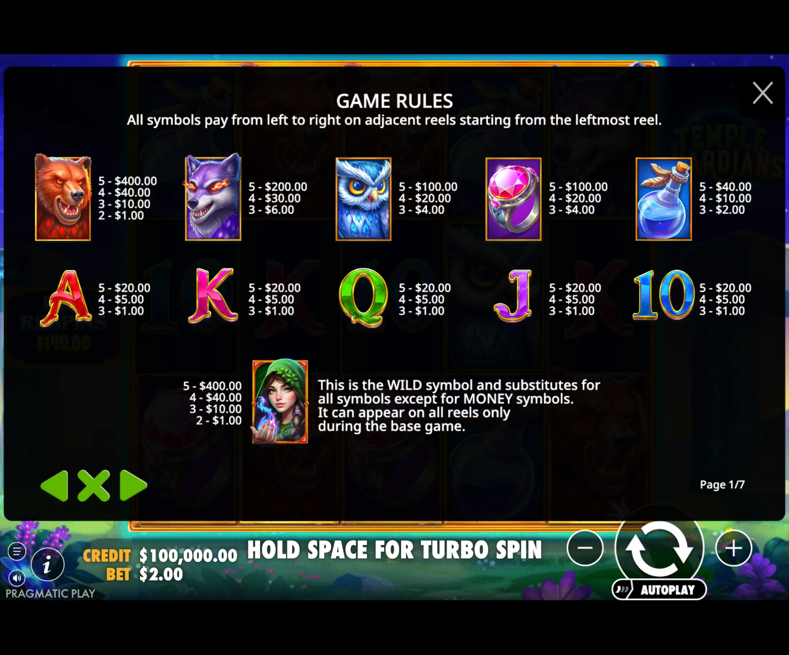 Slot game paytable featuring animal guardian symbols like a bear, wolf, and owl alongside magical items and traditional card icons, with payout values displayed.