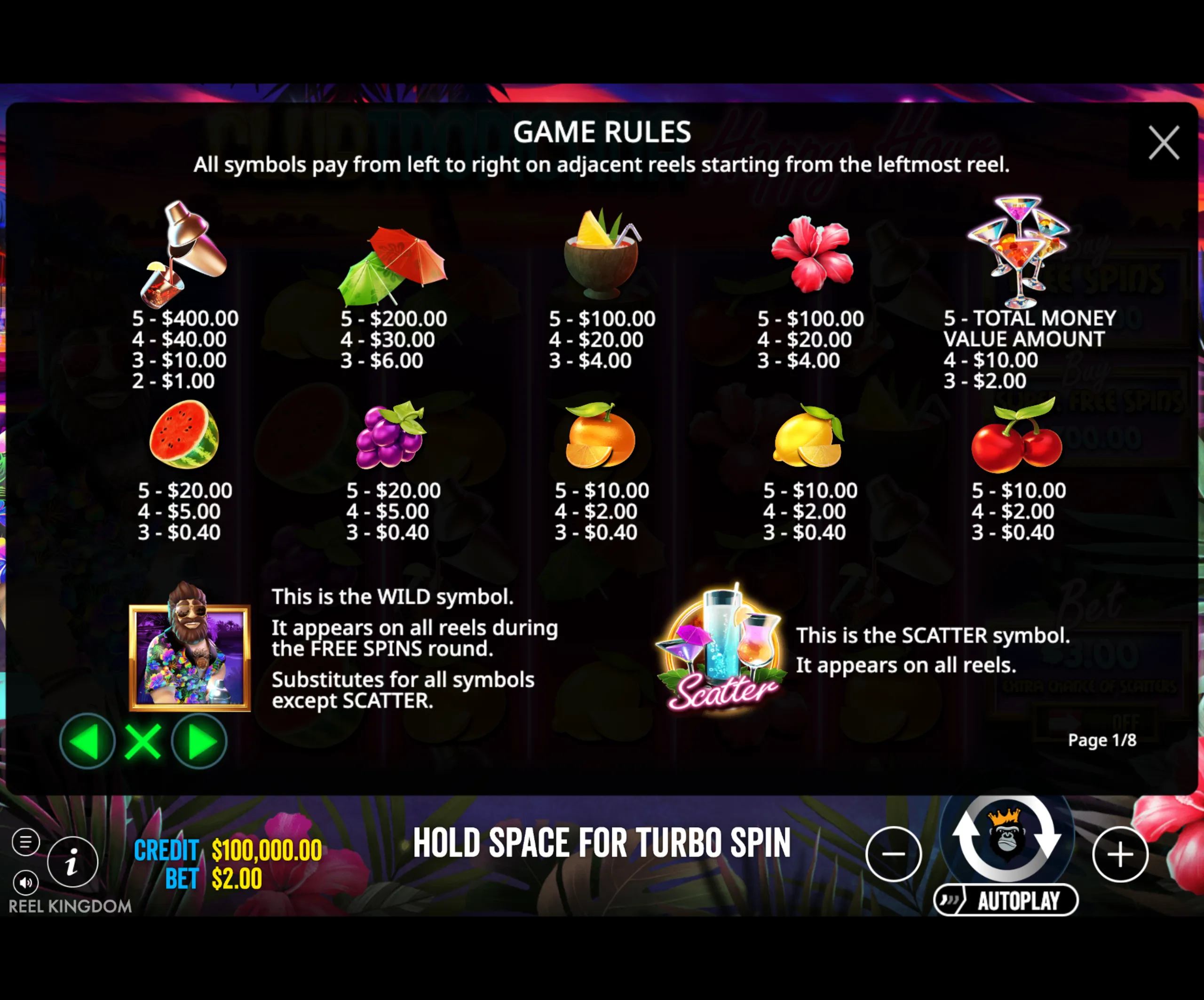 Game rules and payout values for tropical-themed symbols including cocktails, fruit, and flowers in Club Tropicana - Happy Hour slot game.