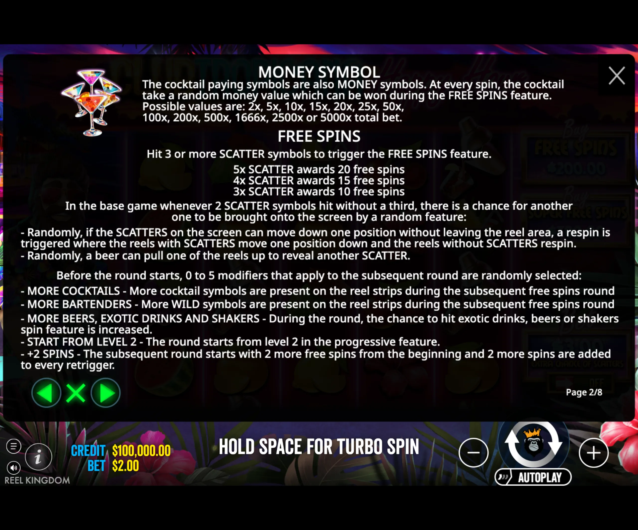 Club Tropicana - Happy Hour slot game instructions detailing the MONEY symbol values and FREE SPINS feature with scatter triggers and modifiers.