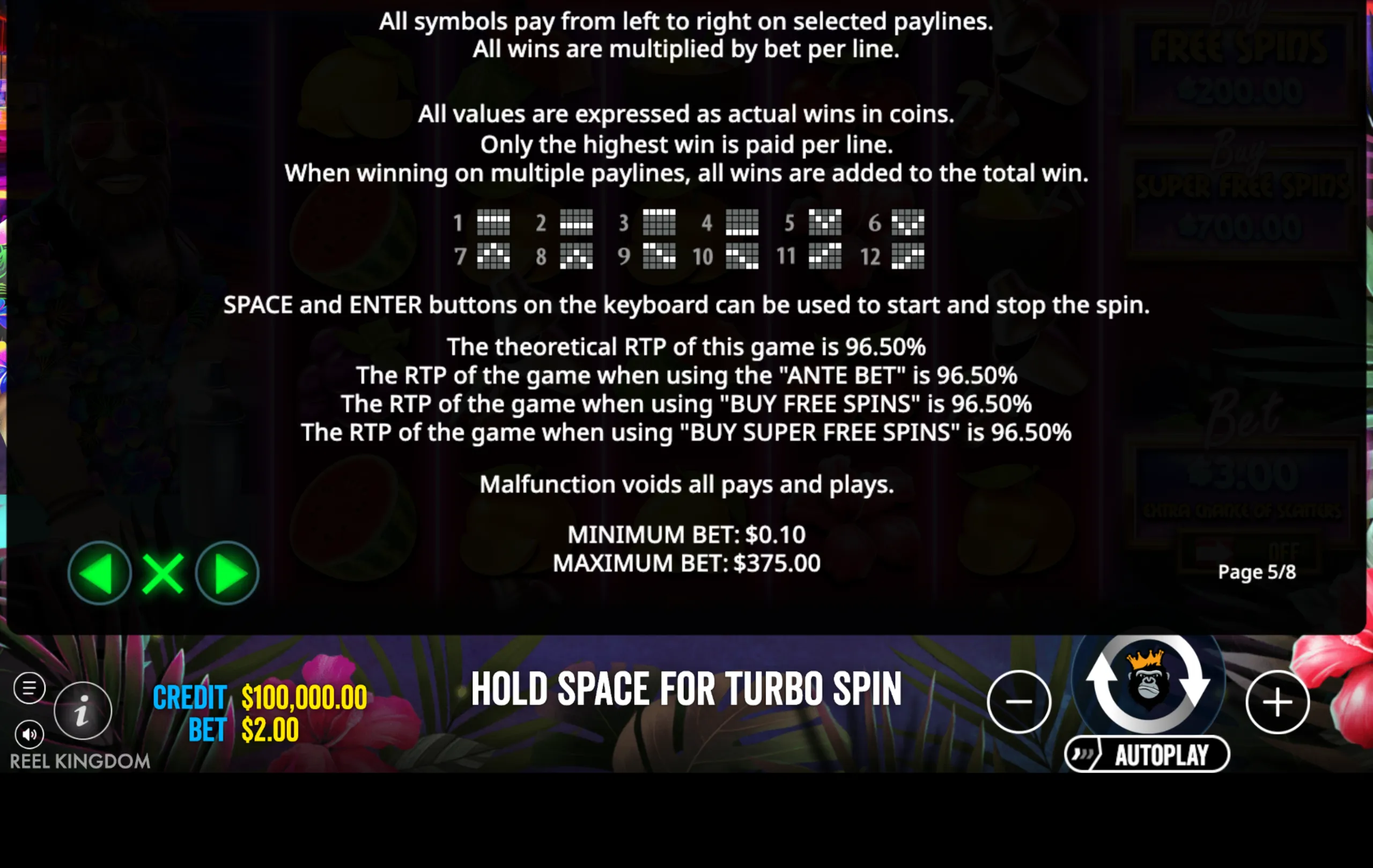 Rules and payline information for Club Tropicana - Happy Hour slot game, including RTP percentages and betting range details.