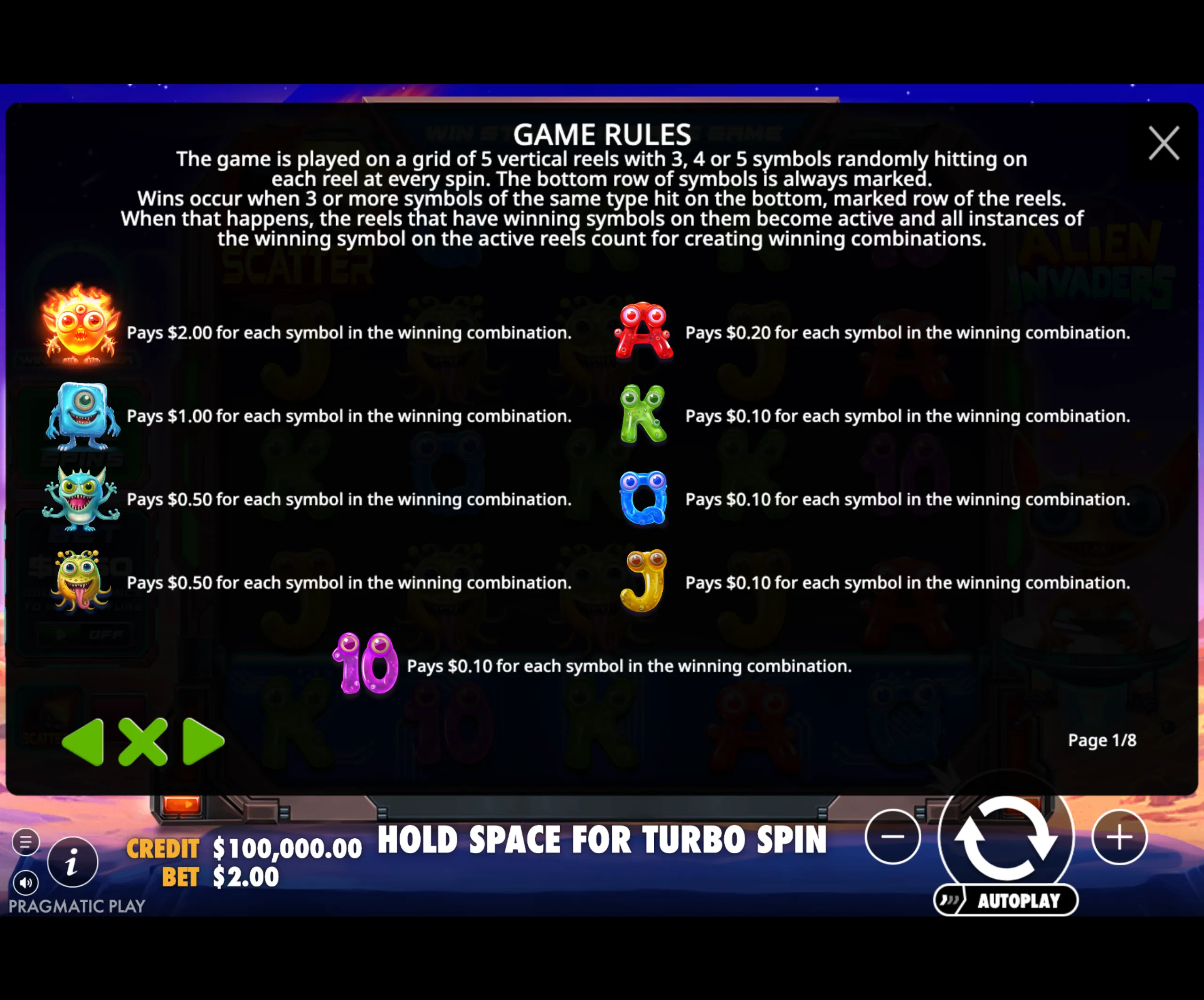 Game rules for Alien Invaders slot showing colorful alien symbols with their respective payouts and instructions on how wins are determined on a 5-reel grid.