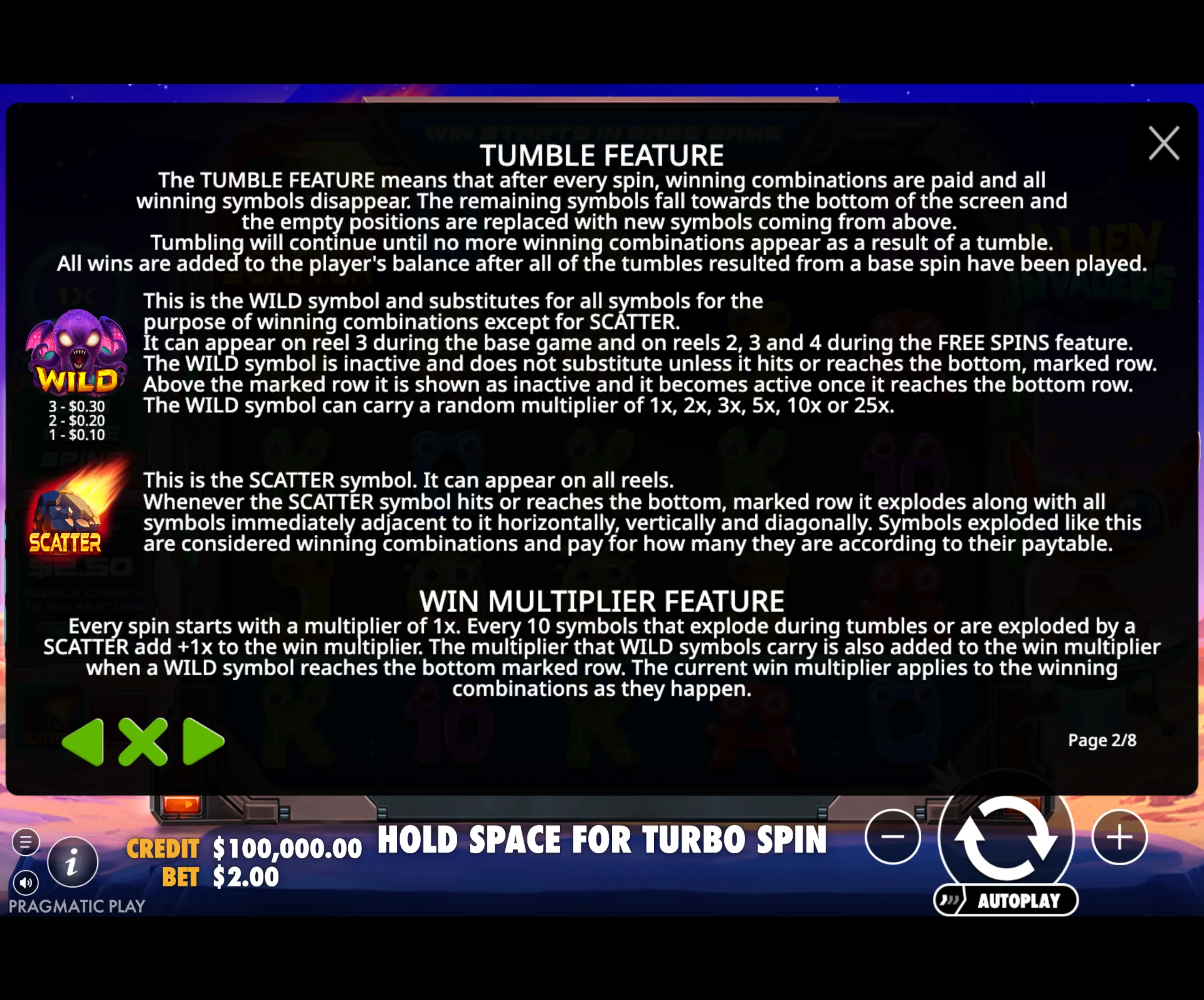 Detailed game rules and feature descriptions for the slot game Alien Invaders, including Tumble Feature, Wild and Scatter symbols, and Win Multiplier Feature.
