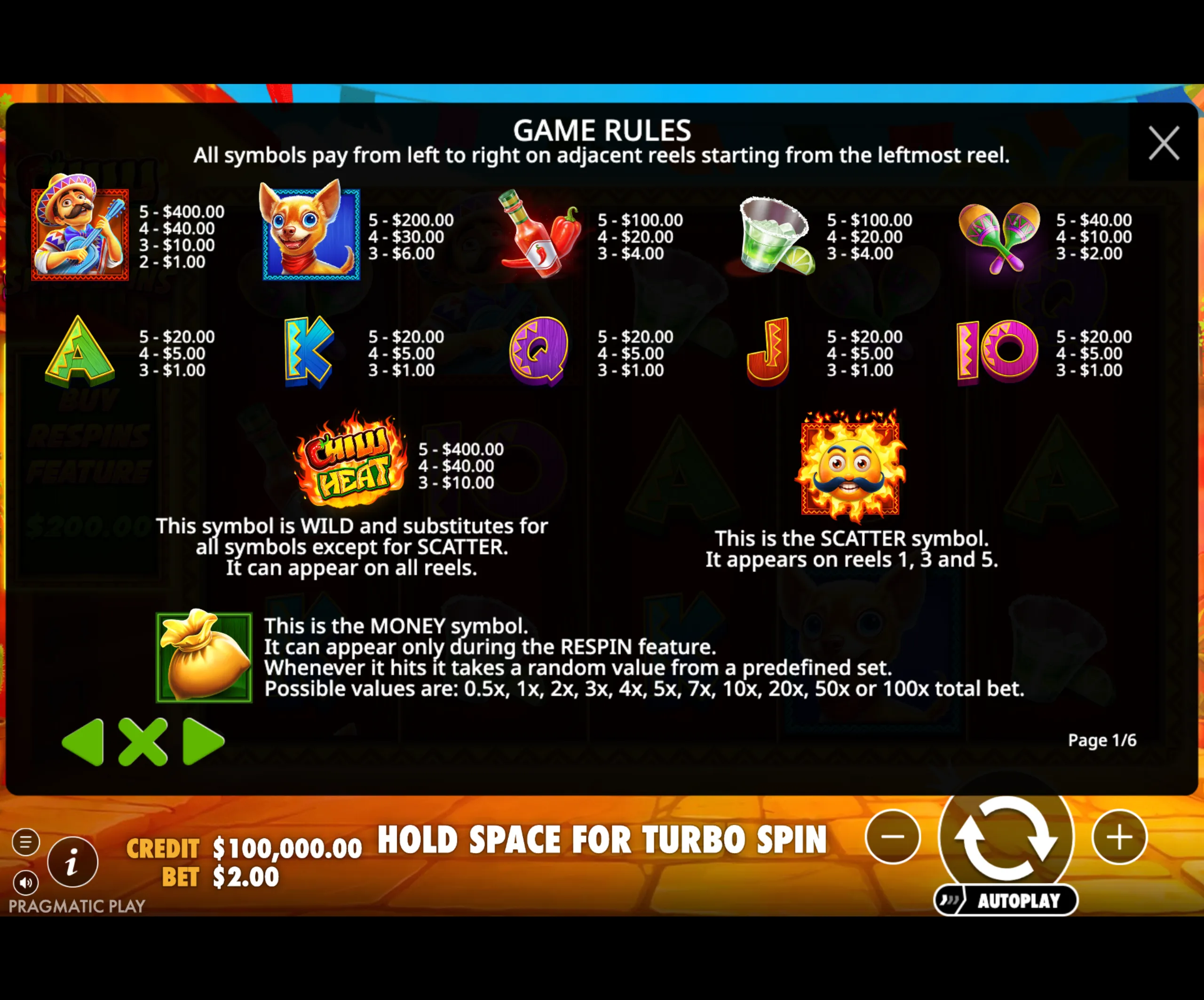 Chilli Heat Spicy Spins slot game paytable showing colorful symbols including a mariachi musician, dog, hot sauce, margarita, maracas, and card icons with payout values and special wild, scatter, and money symbols.