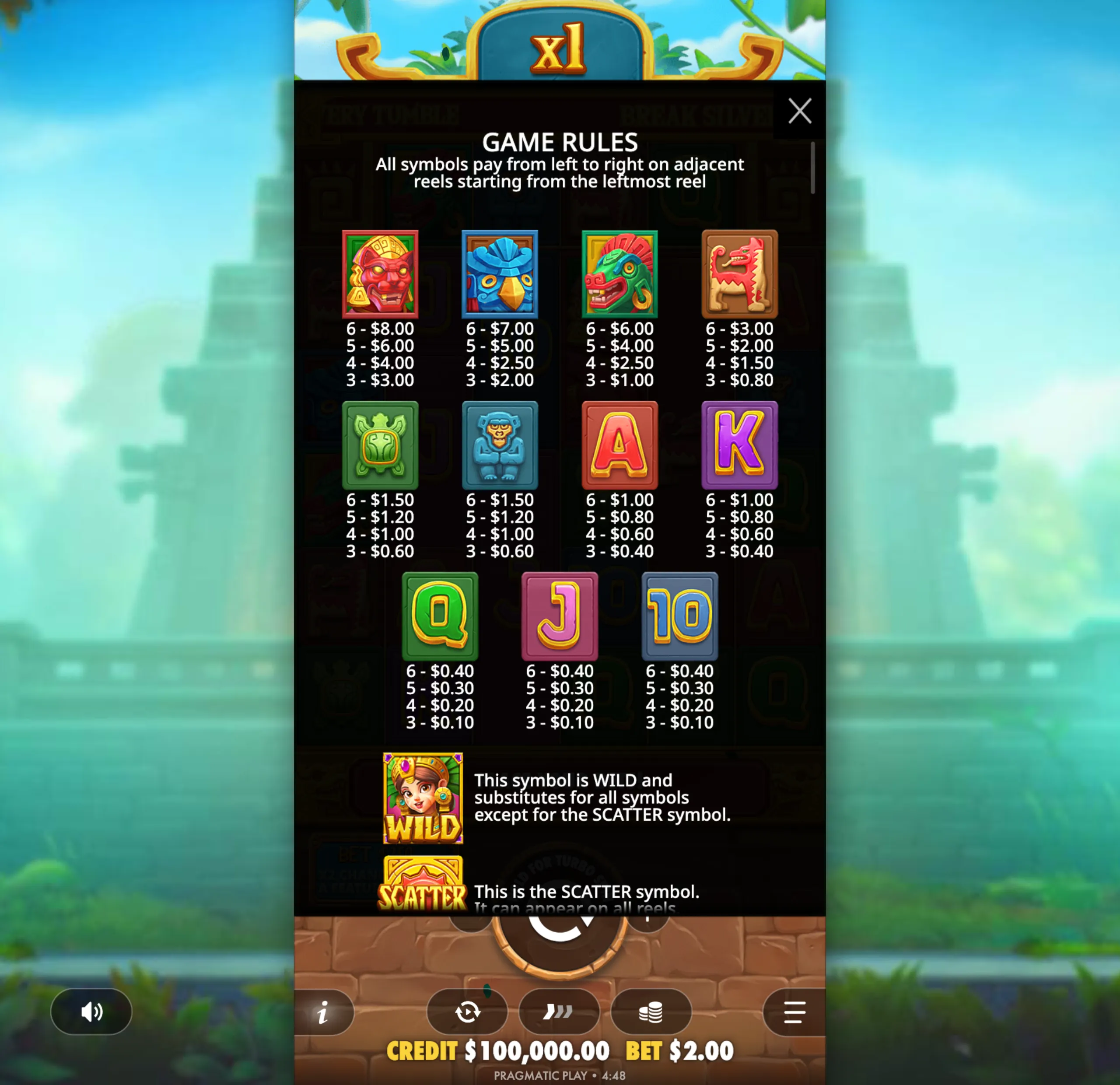 Fortune of Aztec slot game paytable with colorful Aztec-themed symbols and their payout values, including wild and scatter symbols, set against a jungle temple backdrop.