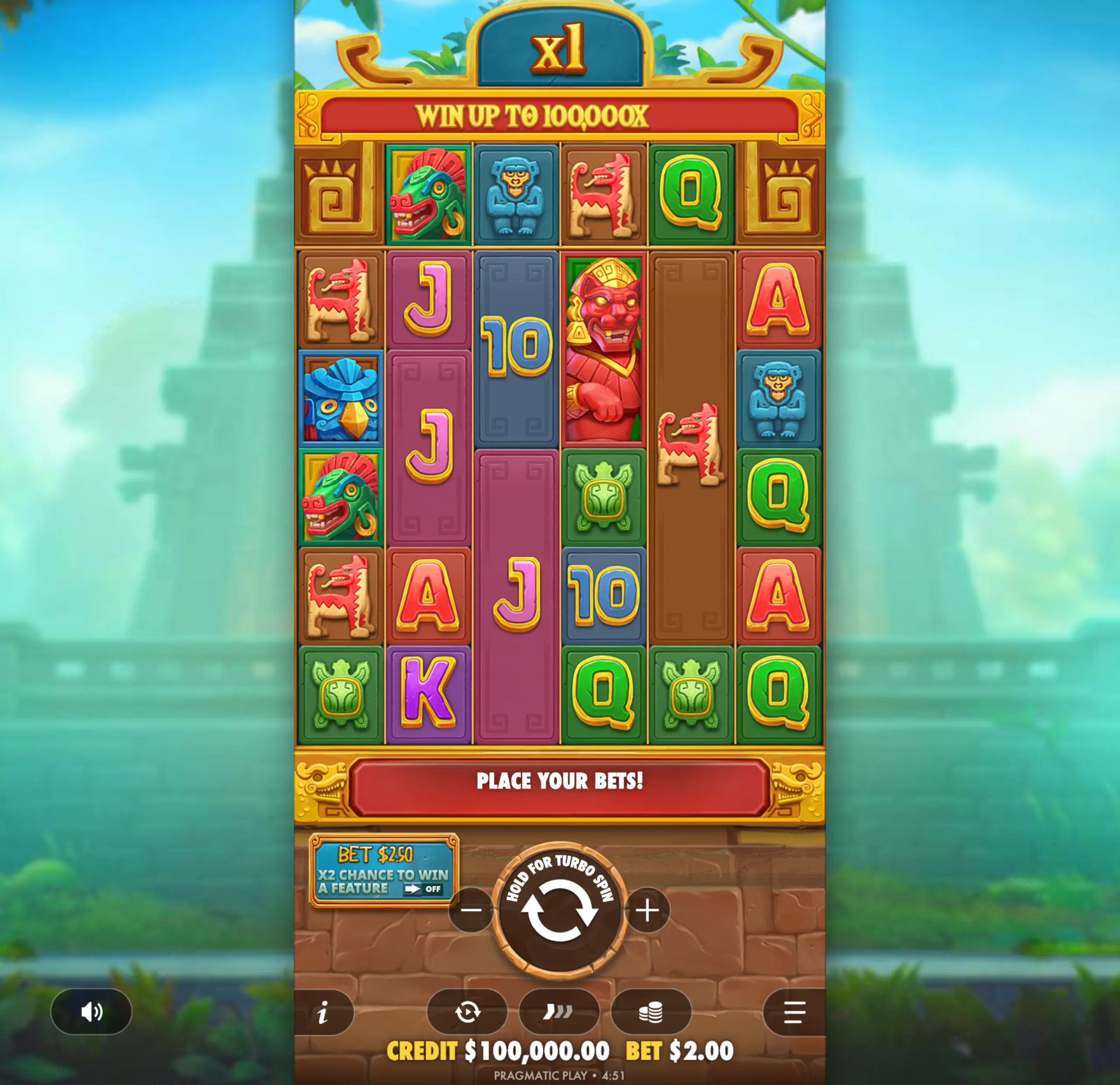 Colorful Aztec-themed slot game interface featuring vibrant stone-carved symbols and a multiplier indicator with a backdrop of ancient temple ruins.