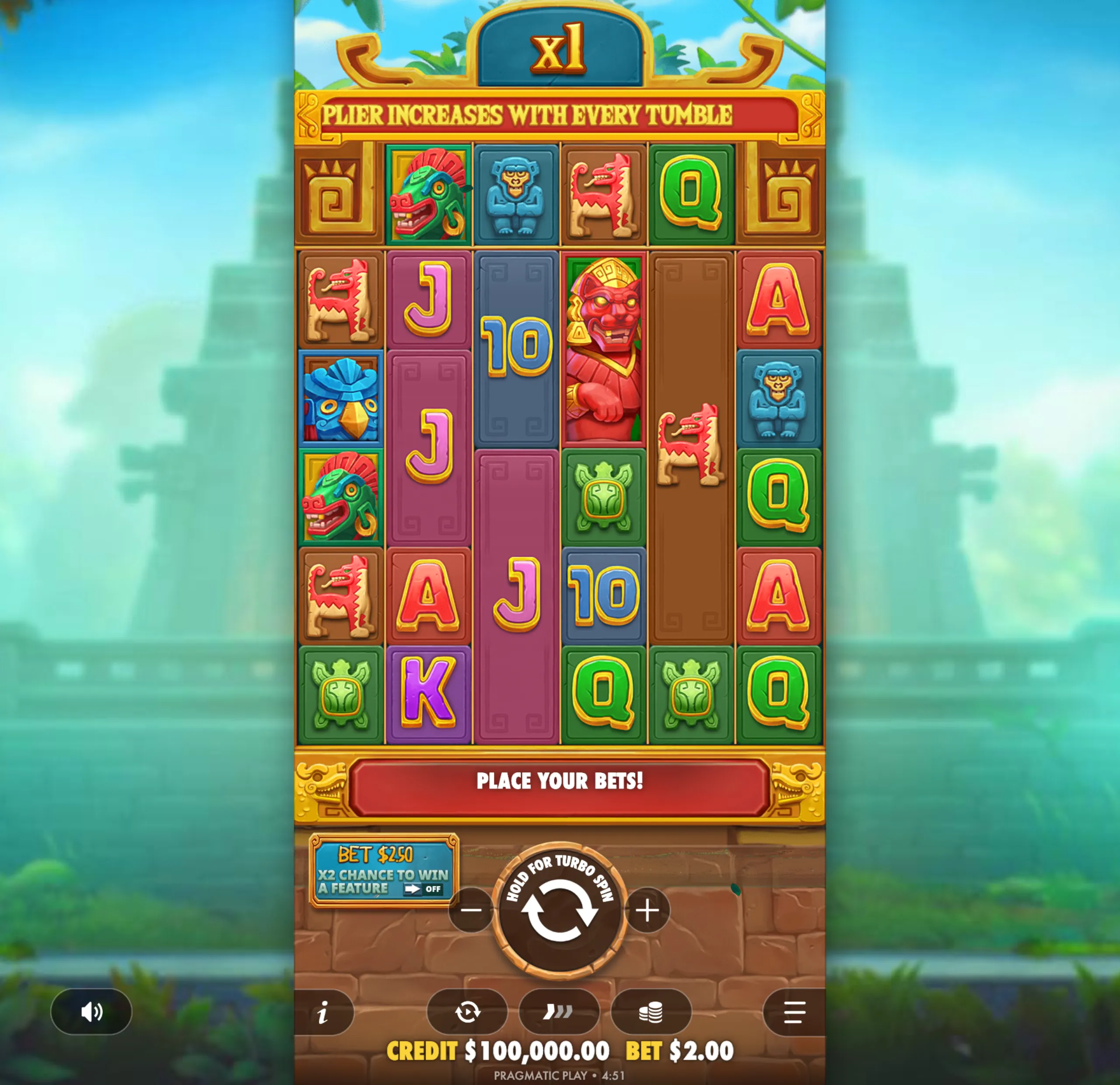 Aztec-themed slot game interface featuring colorful stone-carved symbols, multipliers, and a jungle temple backdrop.