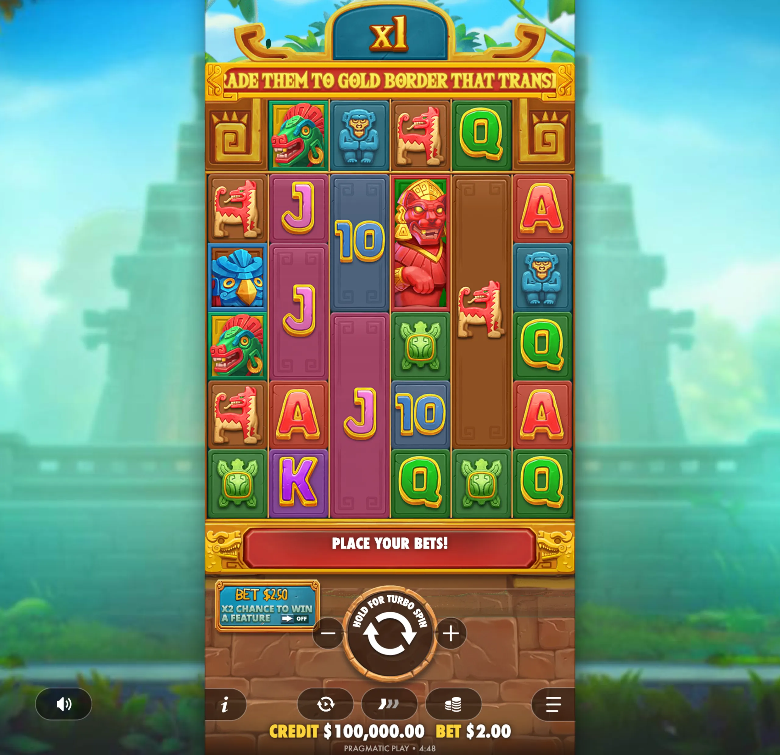 Fortune of Aztec slot game reels featuring colorful Aztec-themed symbols including animals, masks, and traditional icons with a visible x1 multiplier and a jungle temple backdrop.