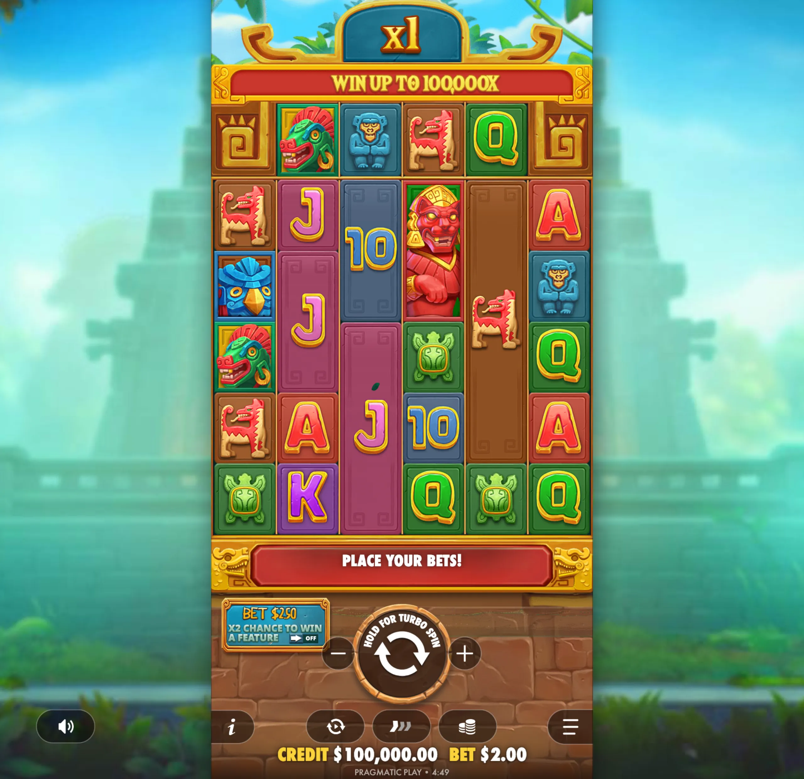 Fortune of Aztec slot game interface featuring colorful Aztec-themed symbols on reels with a multiplier and a high win potential message.