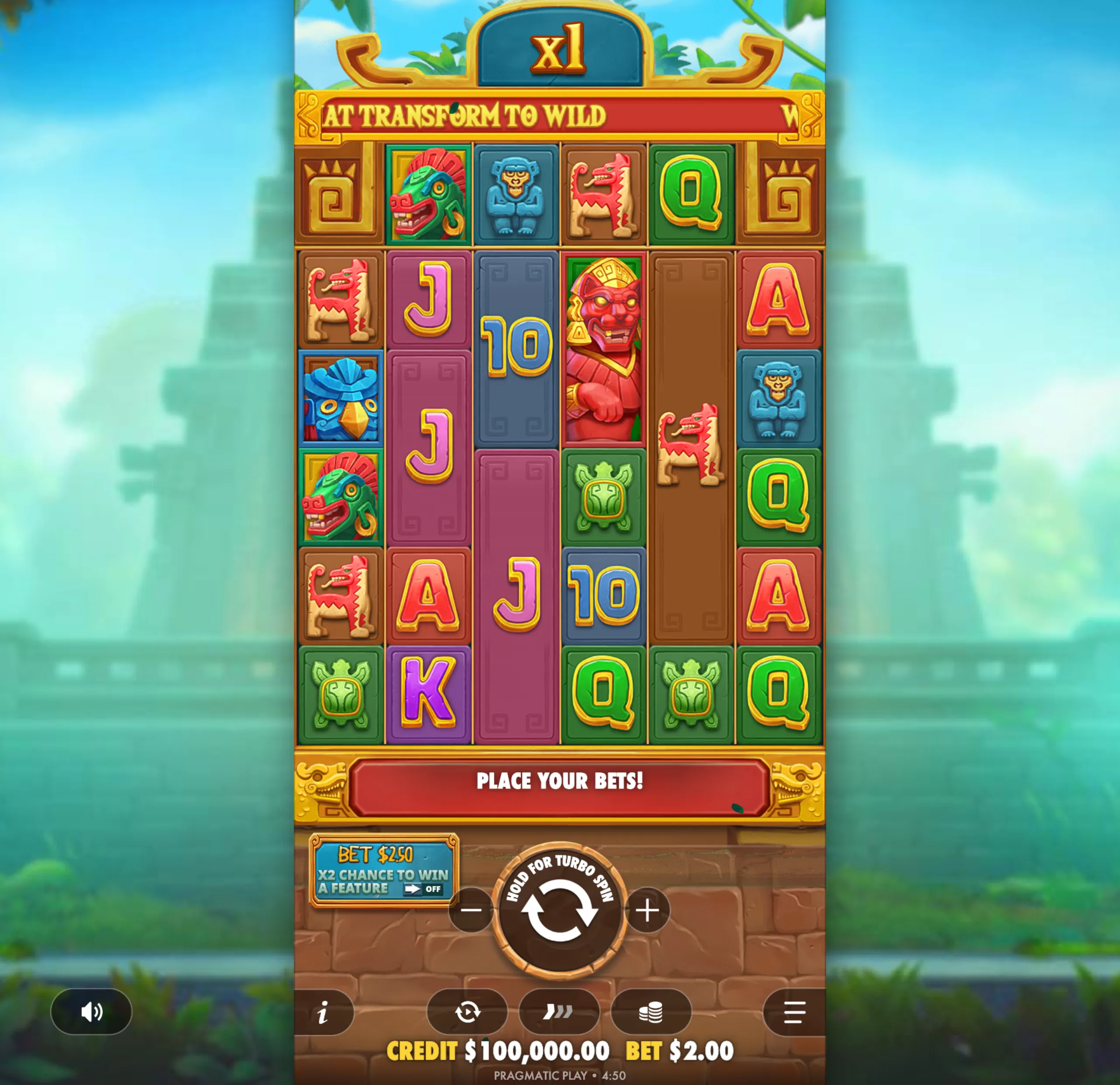 Colorful Aztec-themed slot game interface featuring vibrant symbols like jaguar statues, tribal masks, and traditional animals on a jungle backdrop with a pyramid silhouette.