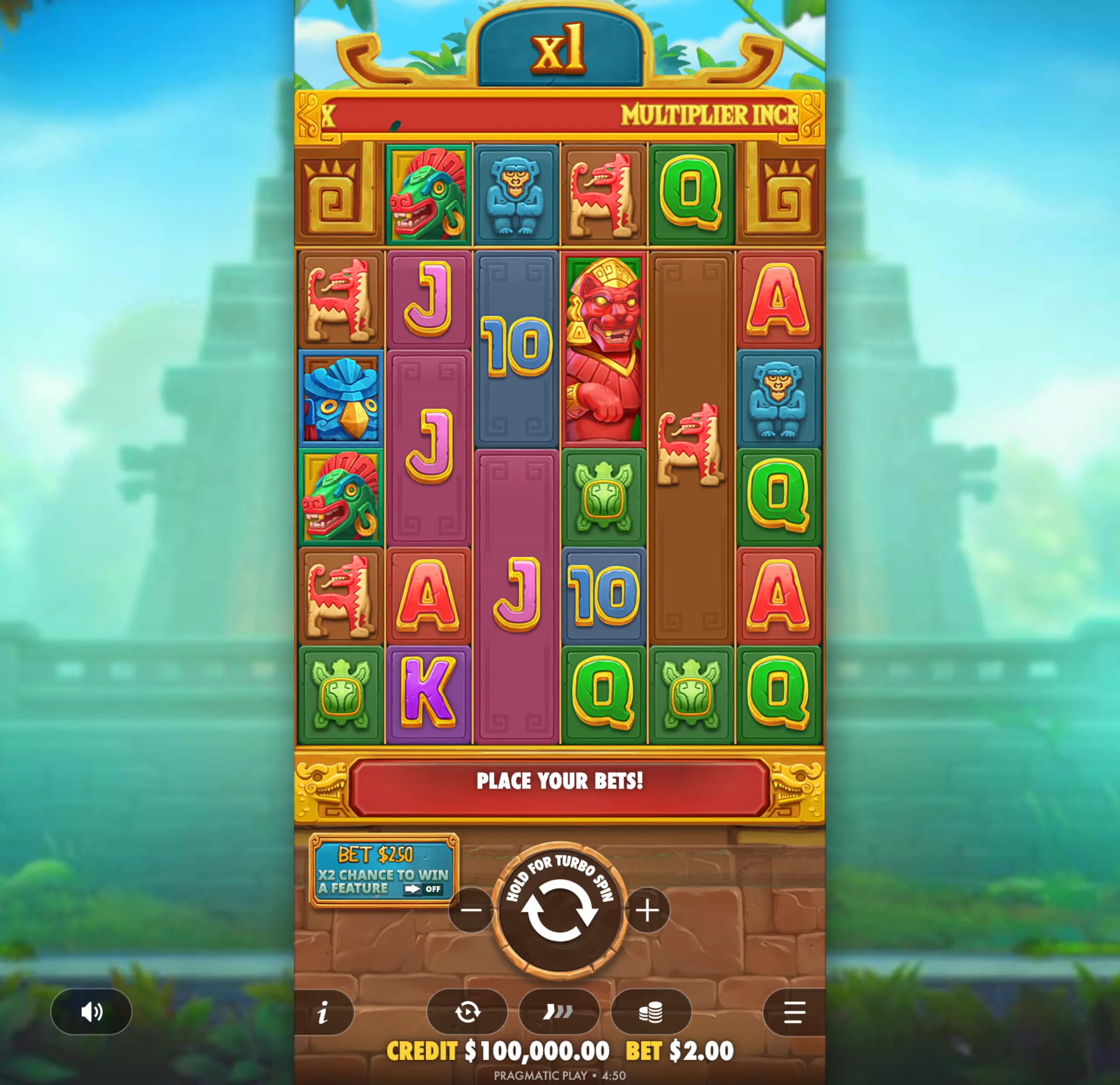 Colorful Aztec-themed slot game interface featuring stone-carved symbols, a multiplier indicator, and a jungle temple backdrop.