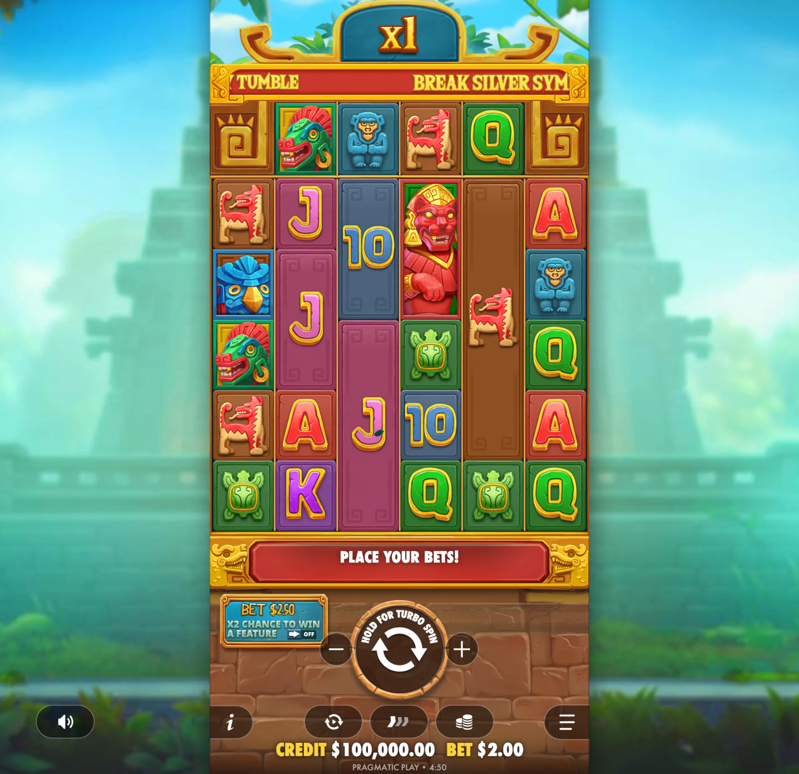 Colorful Aztec-themed slot game interface featuring vibrant symbols like jaguar statues, turtles, and traditional masks with a multiplier indicator and a 'Place Your Bets!' prompt.