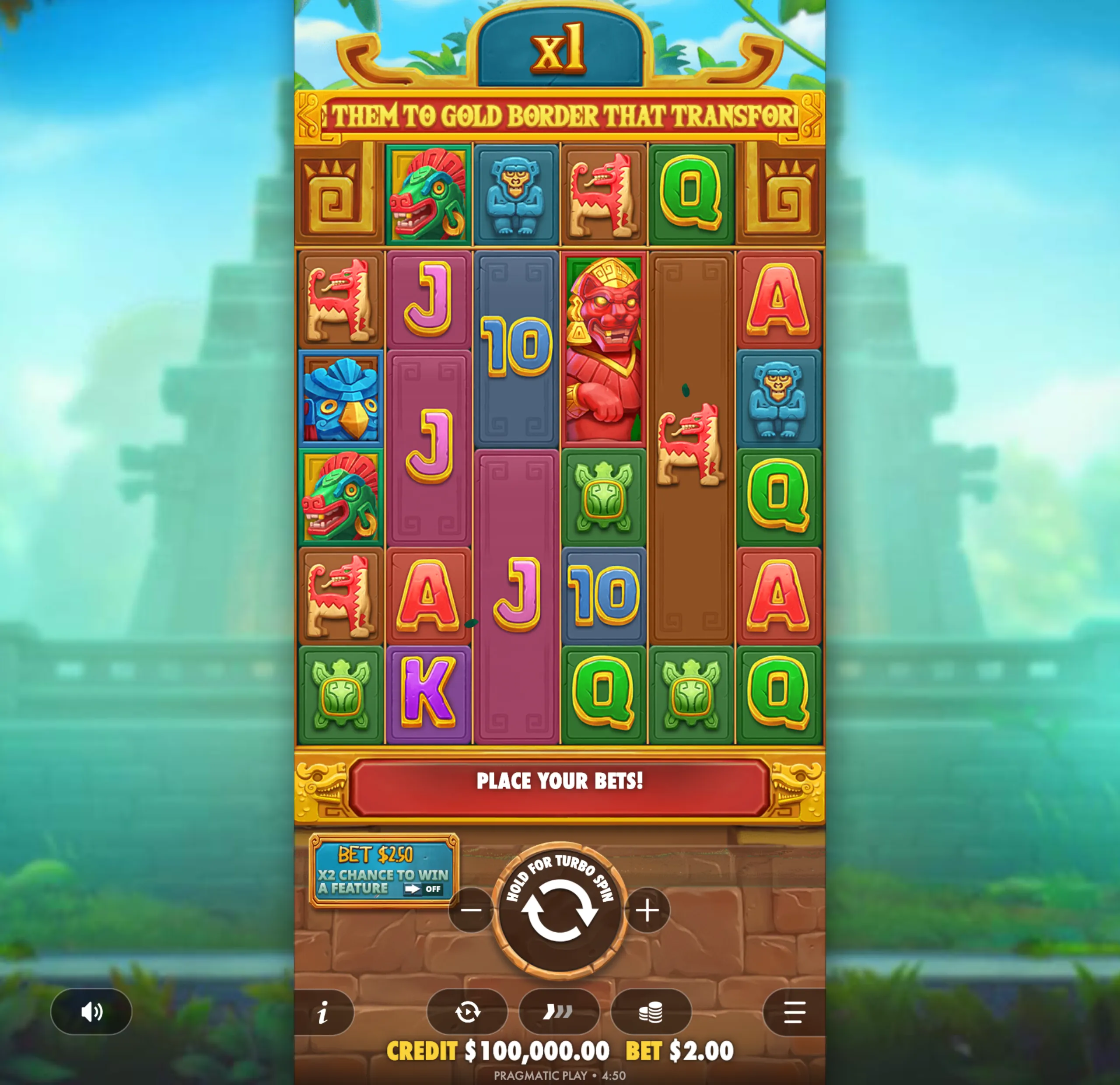 A vibrant Aztec-themed slot game interface featuring colorful stone-carved symbols and a multiplier indicator, set against a backdrop of ancient pyramids.