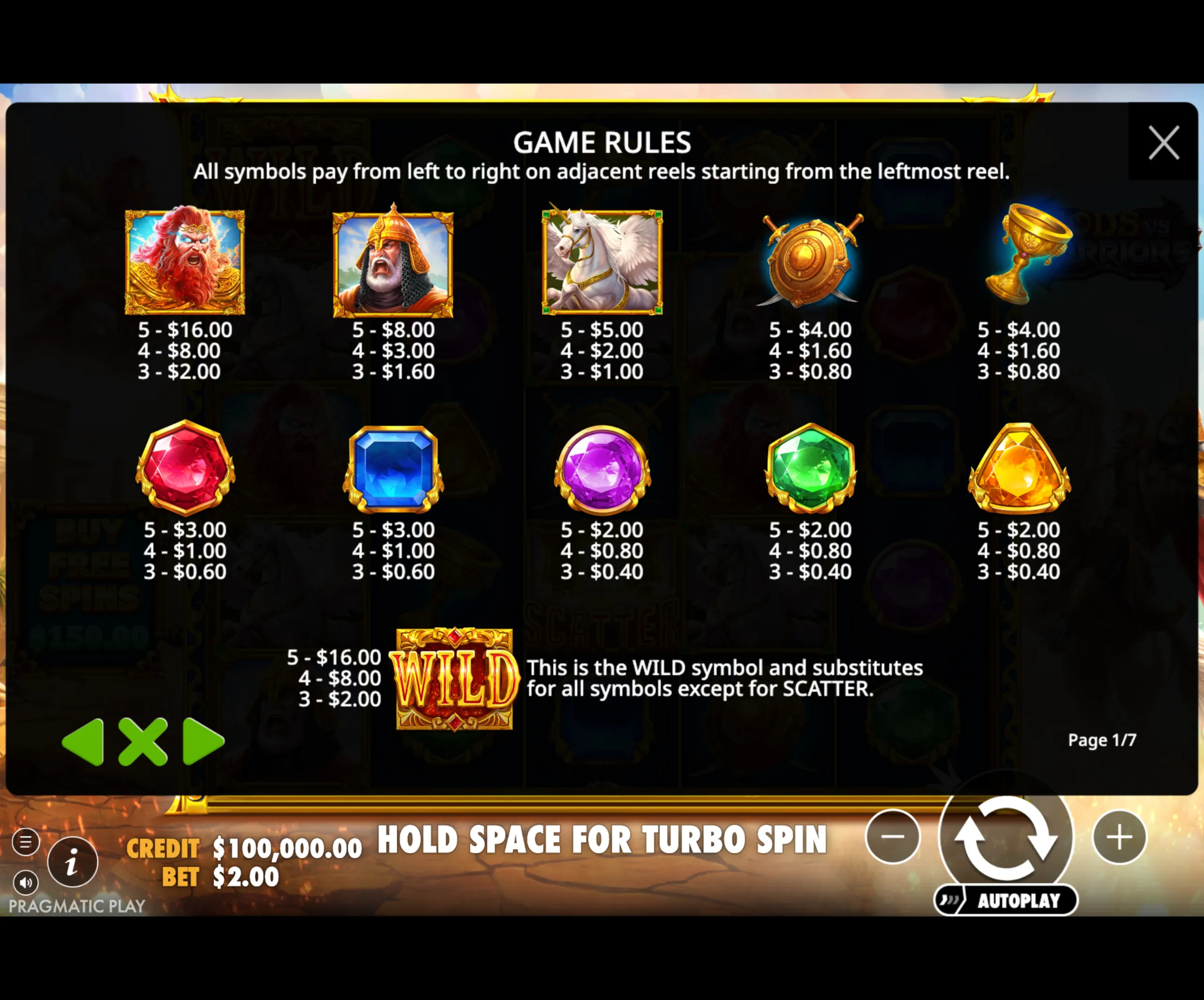 Gods vs Warriors slot game paytable featuring fierce god and warrior symbols, mythical creatures, weapons, and colorful gemstones with payout values.