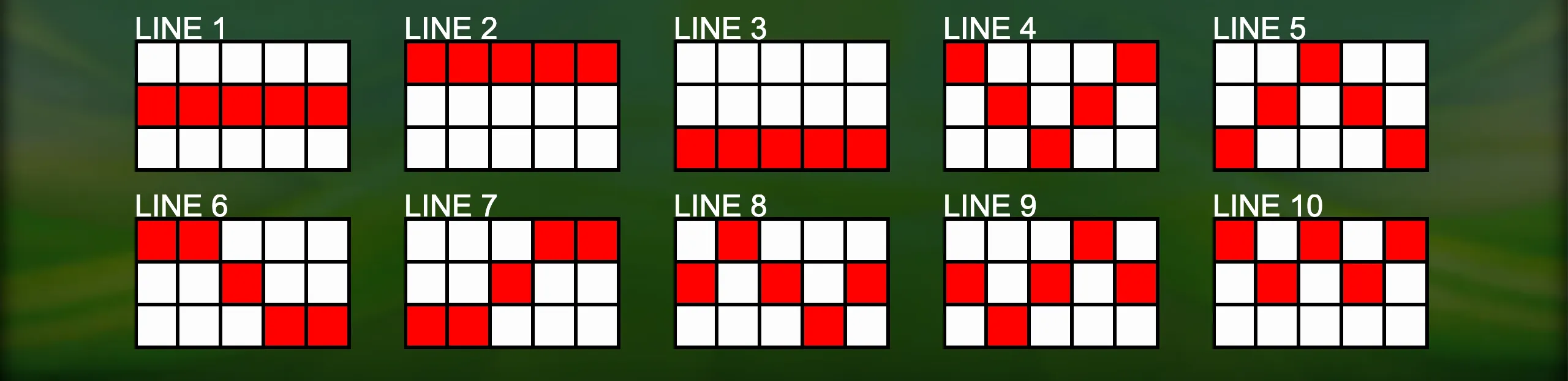 Lucky Clover 10 slot game paylines preview showing 10 distinct winning line patterns on a green background