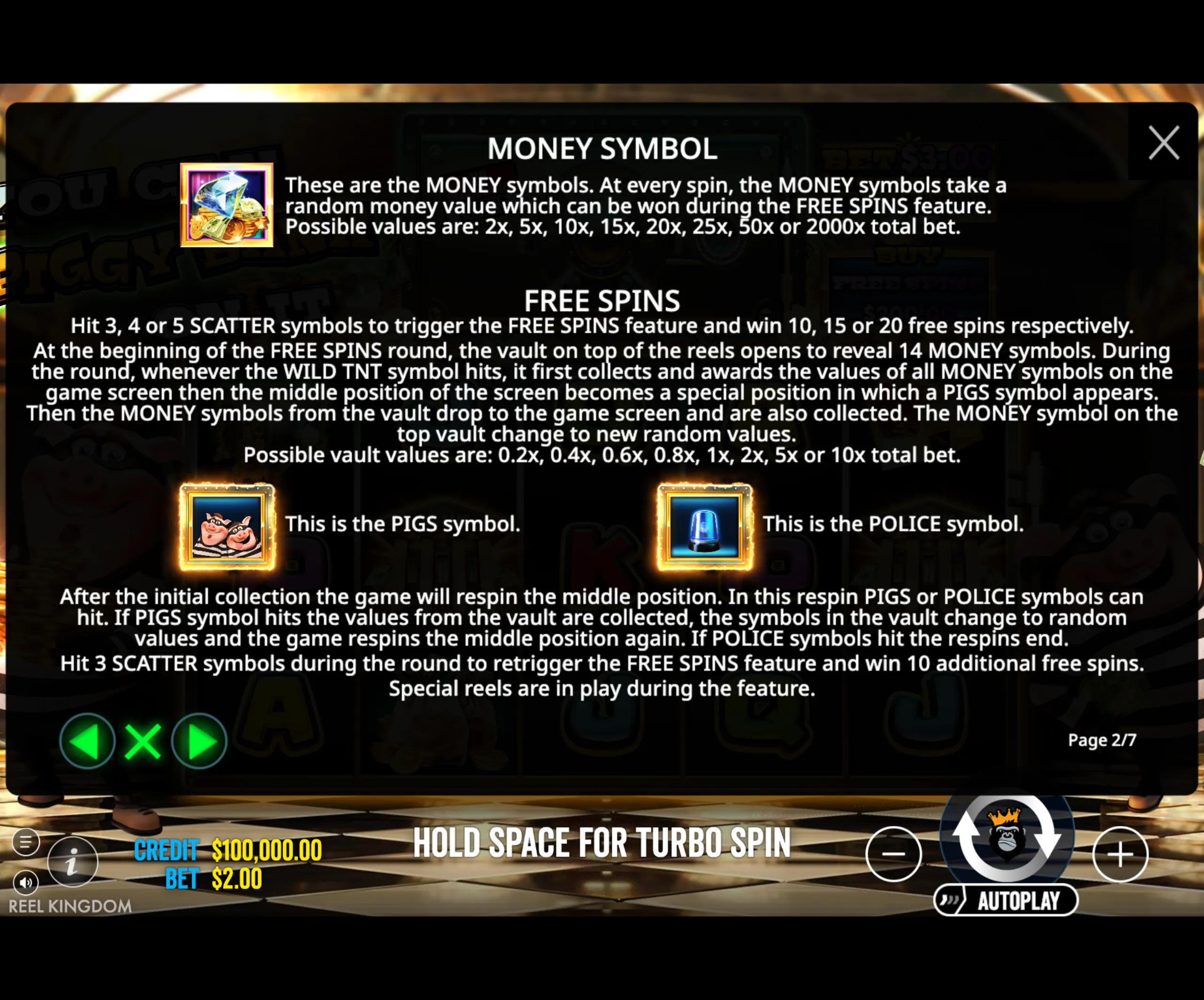 Instructions screen explaining MONEY symbols, free spins, and special symbol features in the slot game You Can Piggy Bank On It.