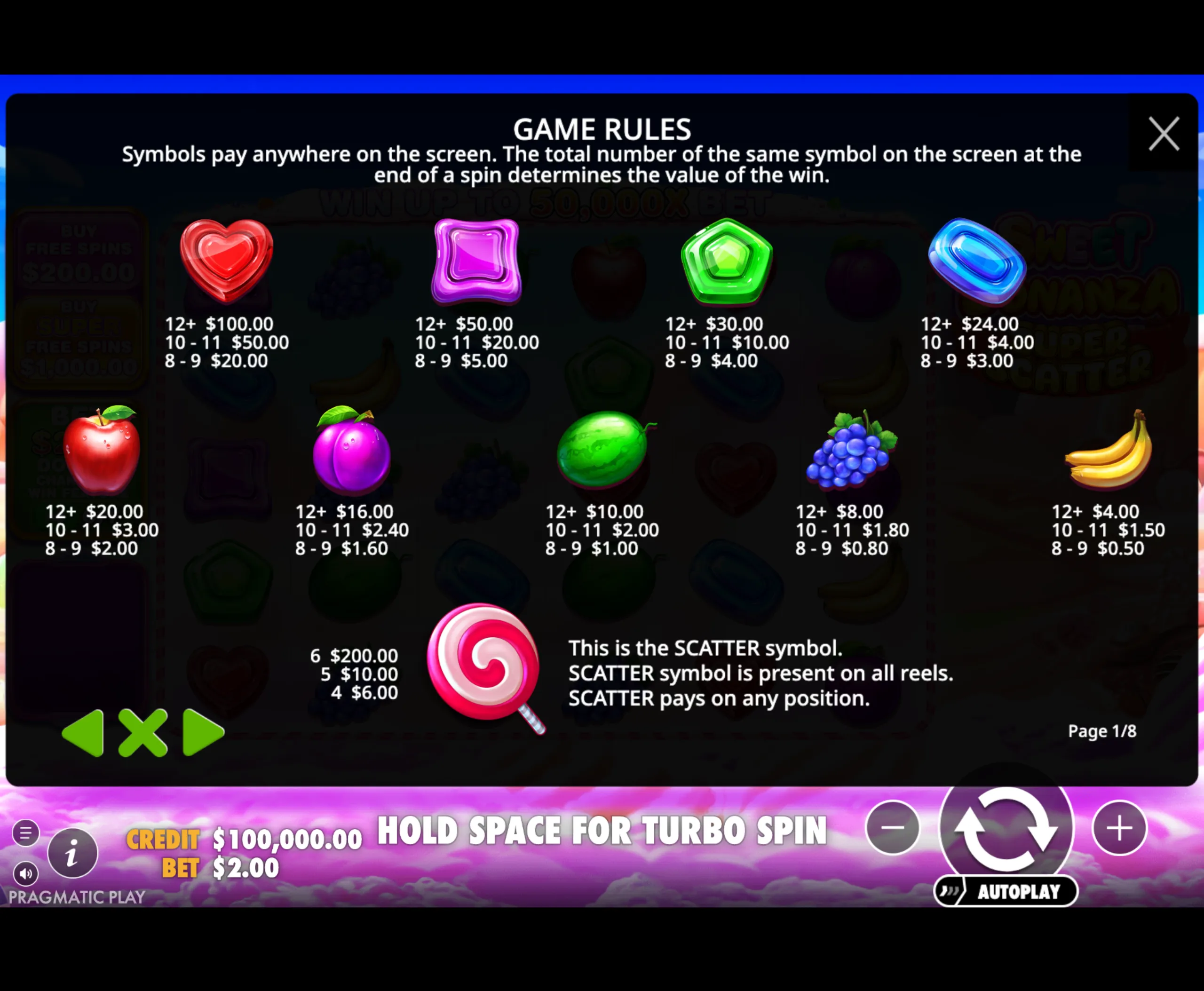 Bright and colorful candy and fruit symbols with payout values displayed, alongside game rules explaining symbol payouts and scatter symbol behavior.