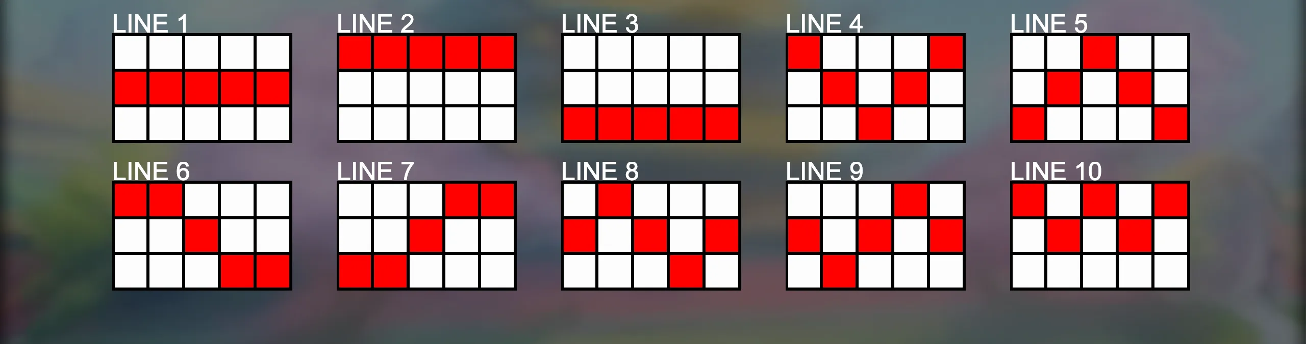 Kyoto Magic slot game paylines preview showing 10 distinct winning line patterns.