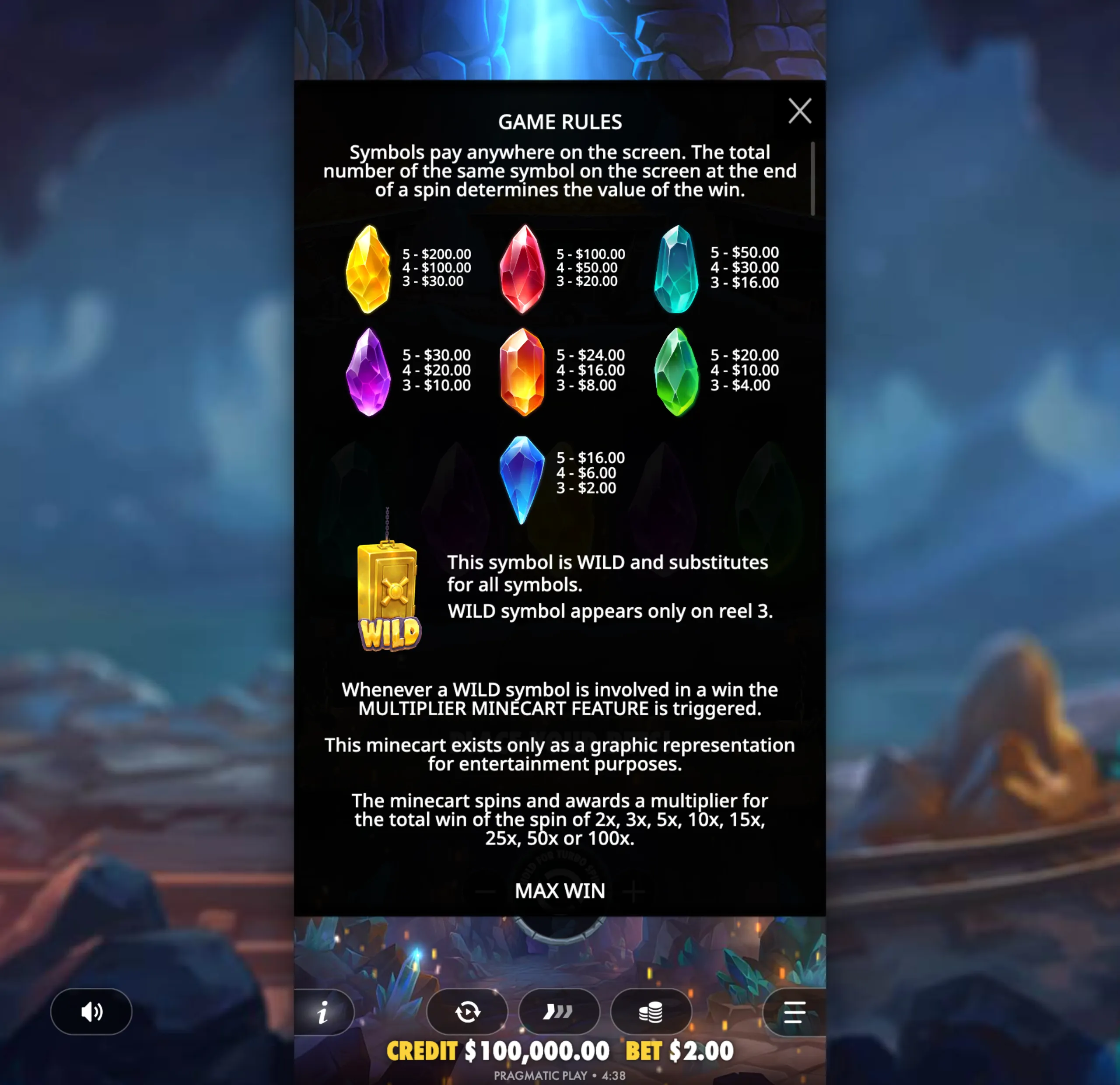 Game rules for Master Gems slot showing colorful gem symbols with their payout values and a golden safe wild symbol with feature details.