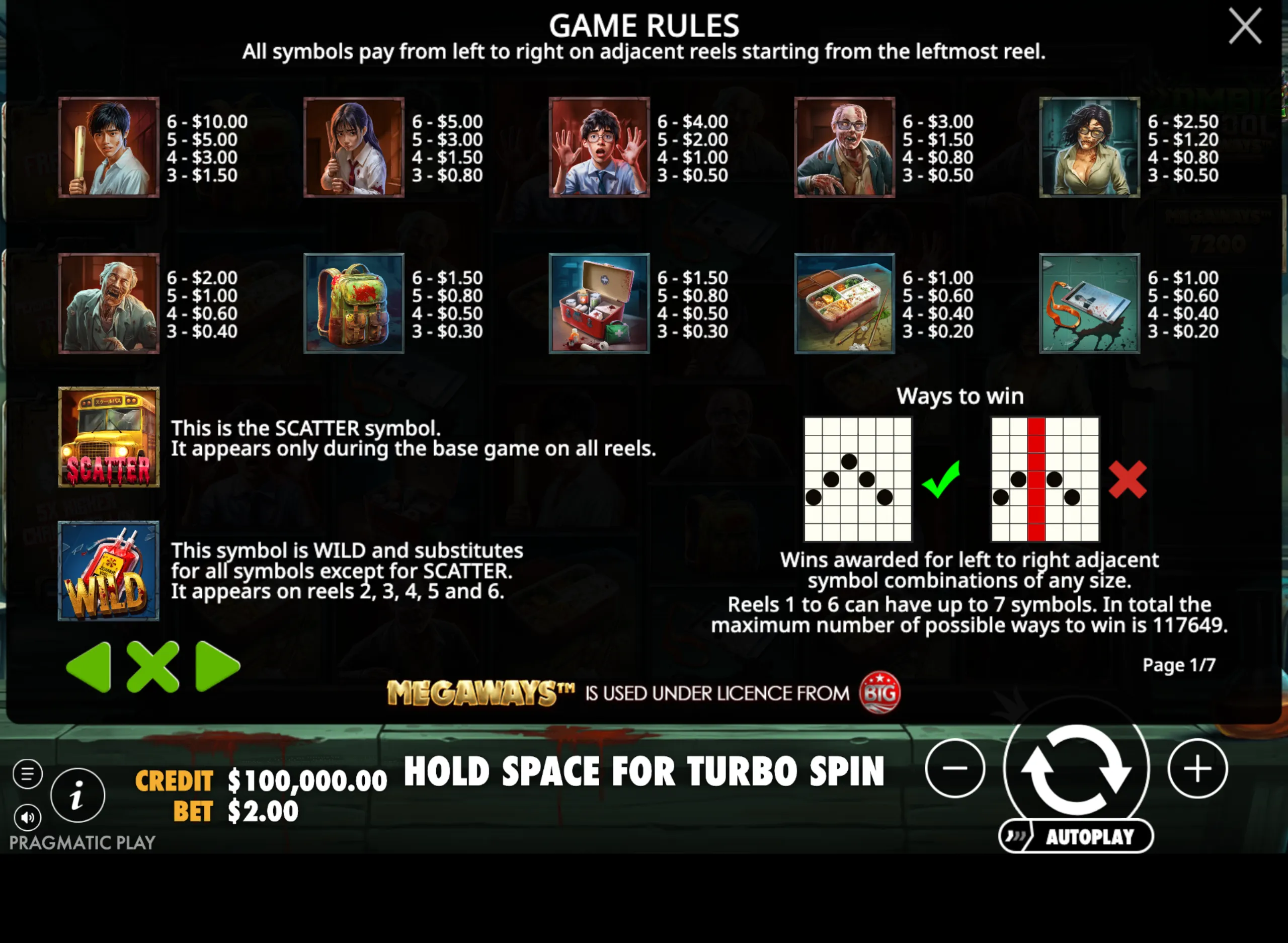 Slot game paytable featuring zombie school characters, survival gear symbols, and special scatter and wild icons with payout values.