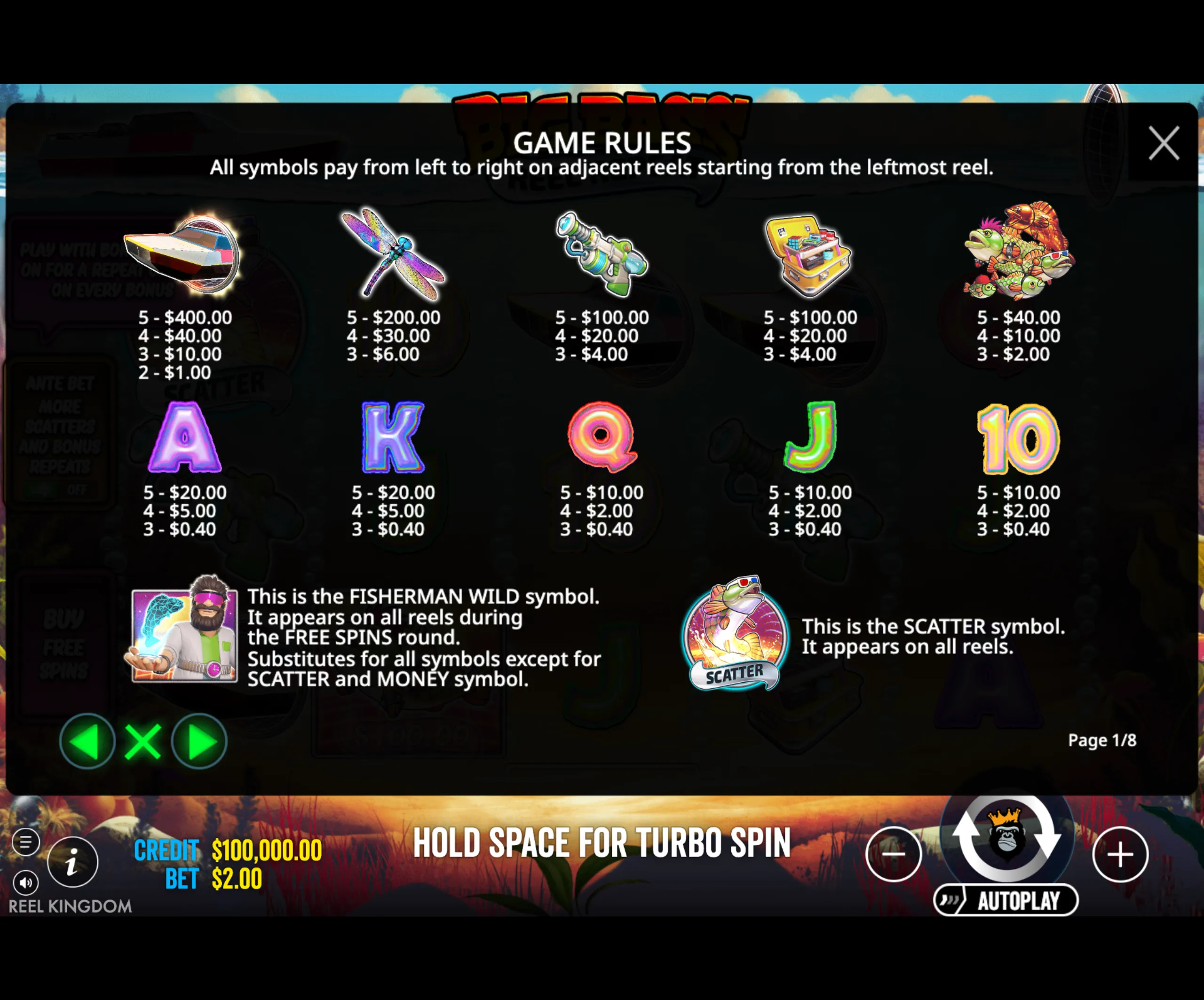 Big Bass Reel Repeat slot game paytable with fishing-themed symbols including a boat, dragonfly, water gun, tackle box, and a group of colorful fish, alongside card symbols and explanations of wild and scatter features.
