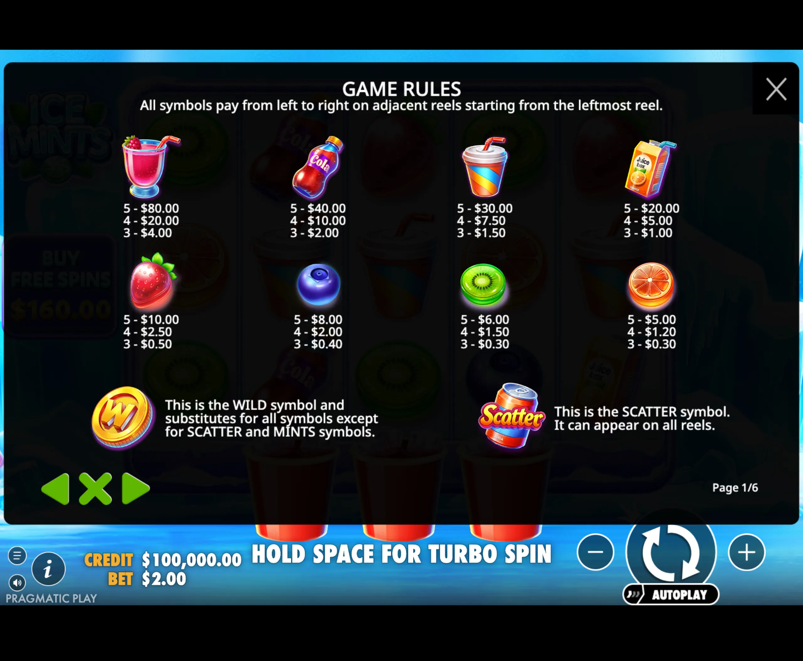 Game rules and payout values for Ice Mints slot game symbols including drinks, fruits, and special wild and scatter icons.